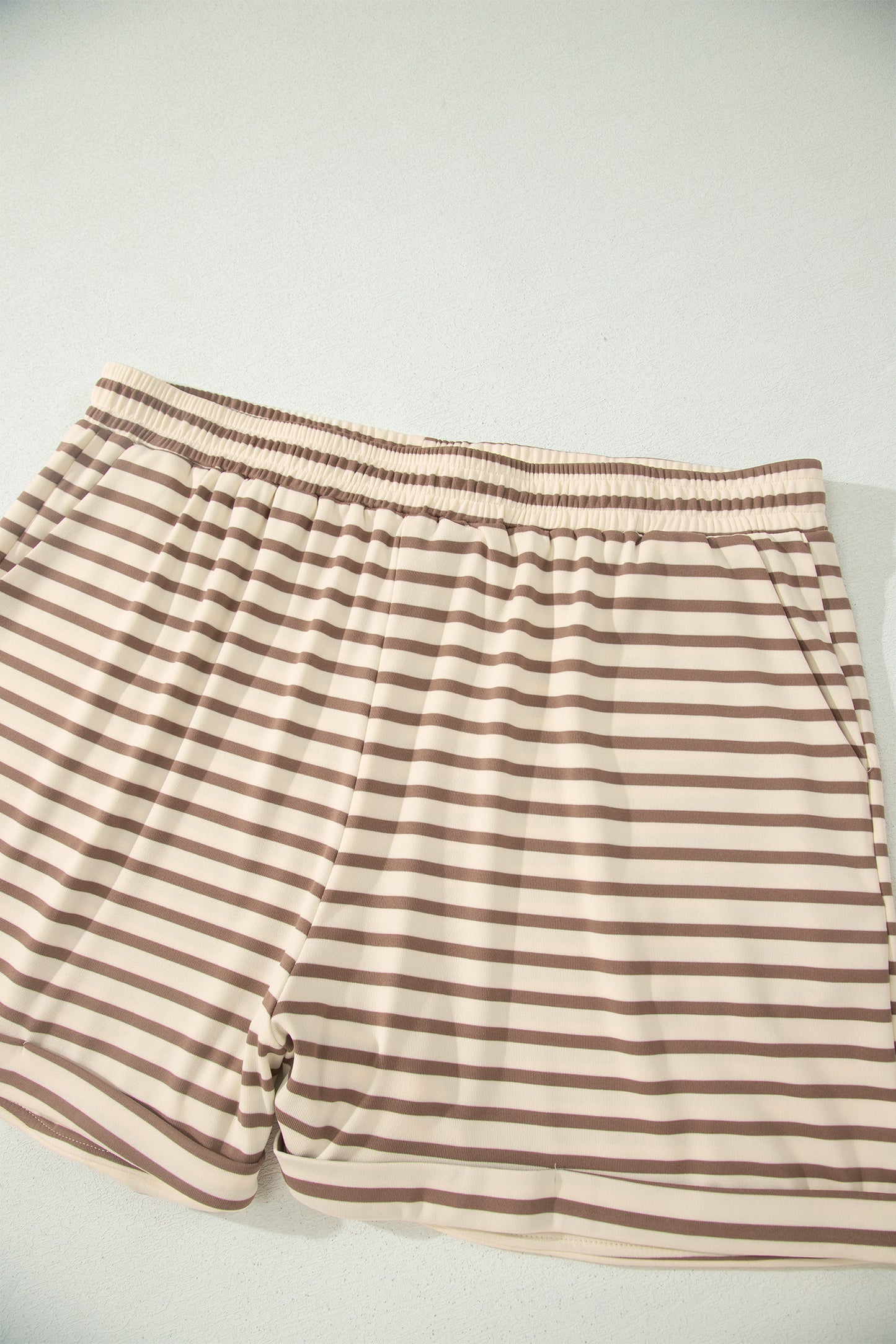 Brown Stripe Plus Size Half Buttons Top and Shorts Set-Plus Size/Plus Size Loungewear-[Adult]-[Female]-2022 Online Blue Zone Planet