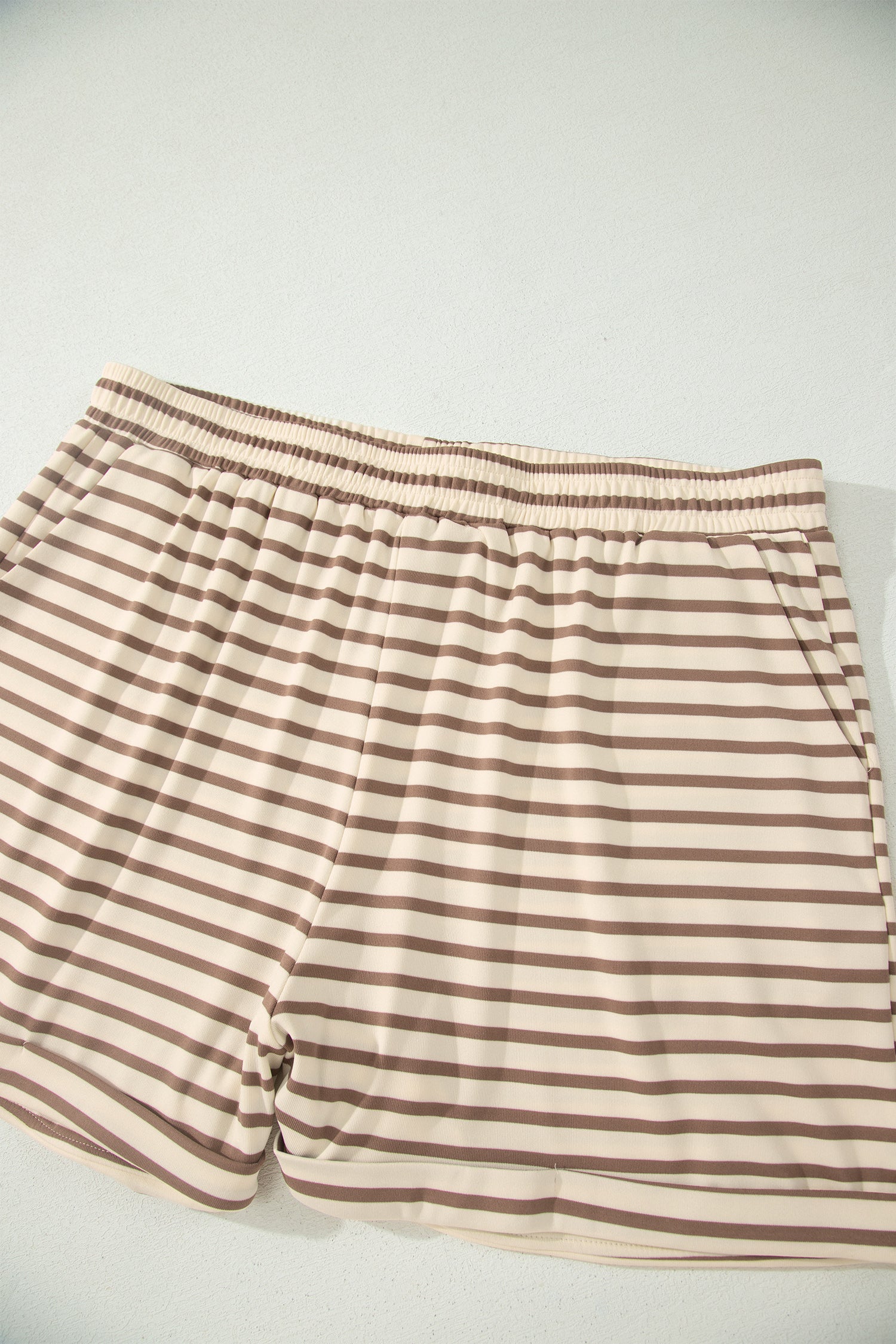 Brown Stripe Plus Size Half Buttons Top and Shorts Set-Plus Size/Plus Size Loungewear-[Adult]-[Female]-2022 Online Blue Zone Planet