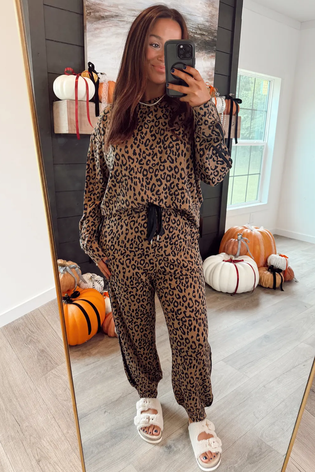 Brown Varsity Striped Trim Leopard Long Sleeve Top Drawstring Pant Set-Two Piece Sets/Pant Sets-[Adult]-[Female]-2022 Online Blue Zone Planet