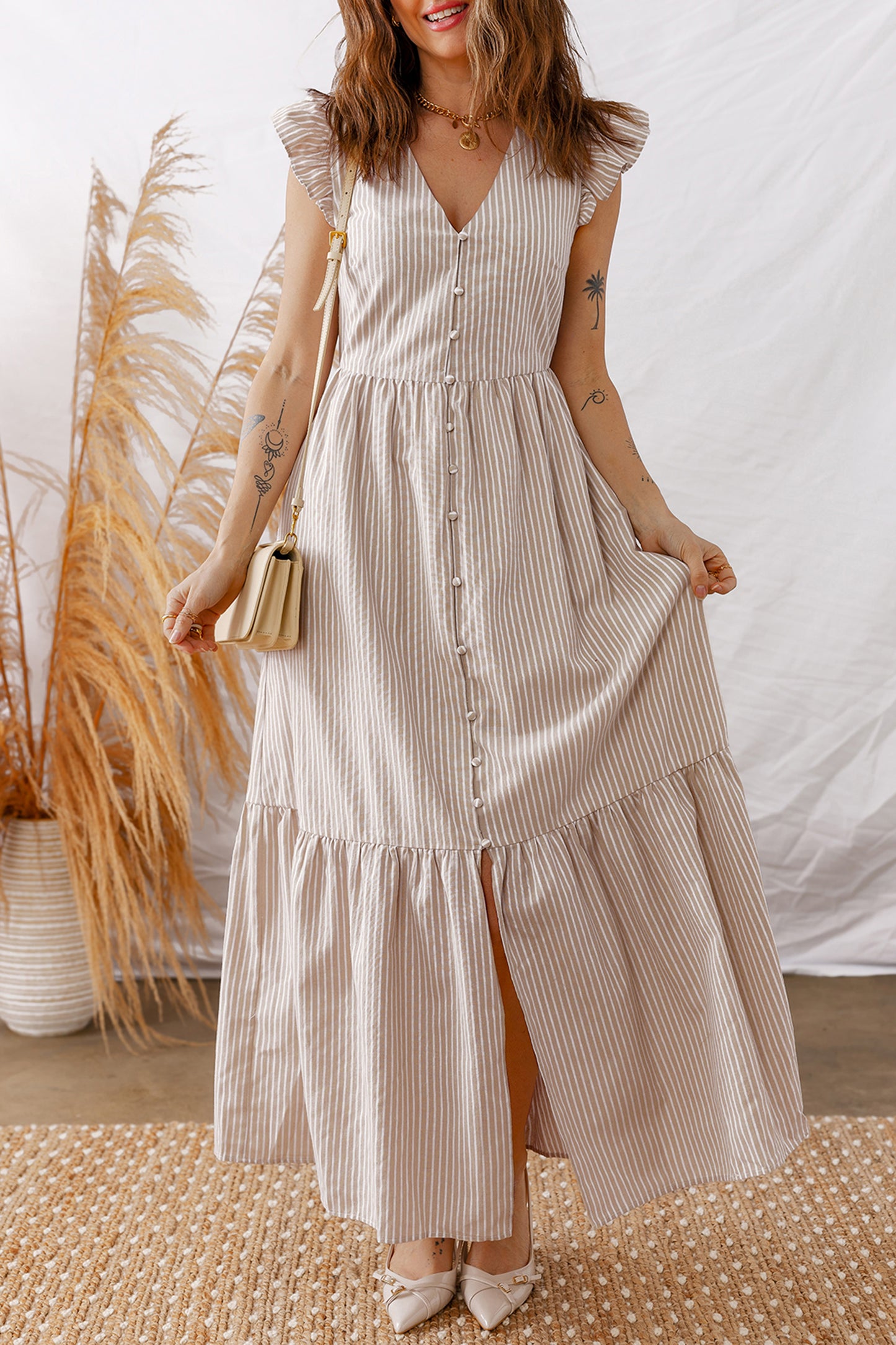 Khaki Stripe Flutter Sleeve Buttoned Front Slit Maxi Dress Khaki Stripe / L / 50%Polyester+50%Cotton