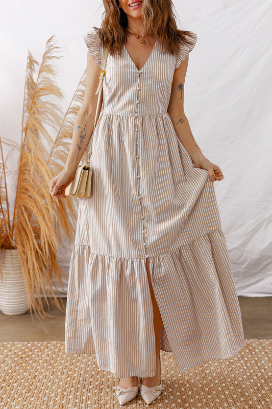 Khaki Stripe Flutter Sleeve Buttoned Front Slit Maxi Dress-TOPS / DRESSES-[Adult]-[Female]-2022 Online Blue Zone Planet