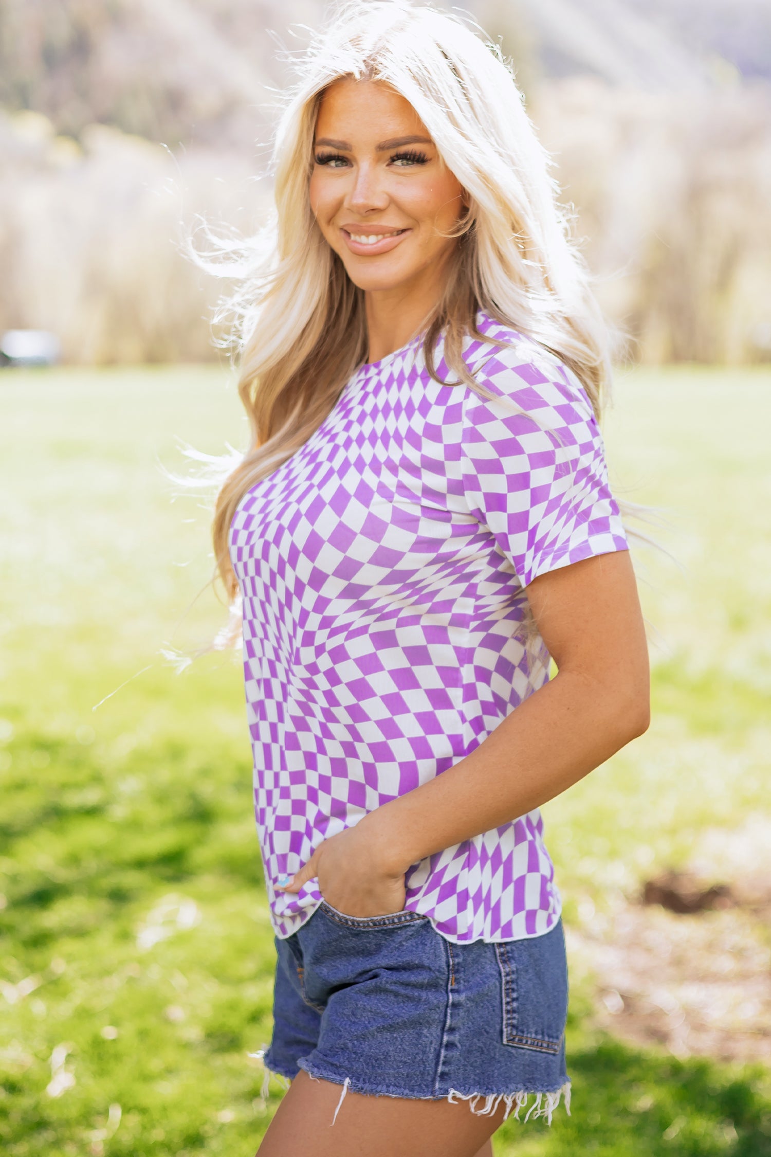 Khaki Checkered Print Mock Neck Mesh T Shirt-Tops/Tops & Tees-[Adult]-[Female]-2022 Online Blue Zone Planet