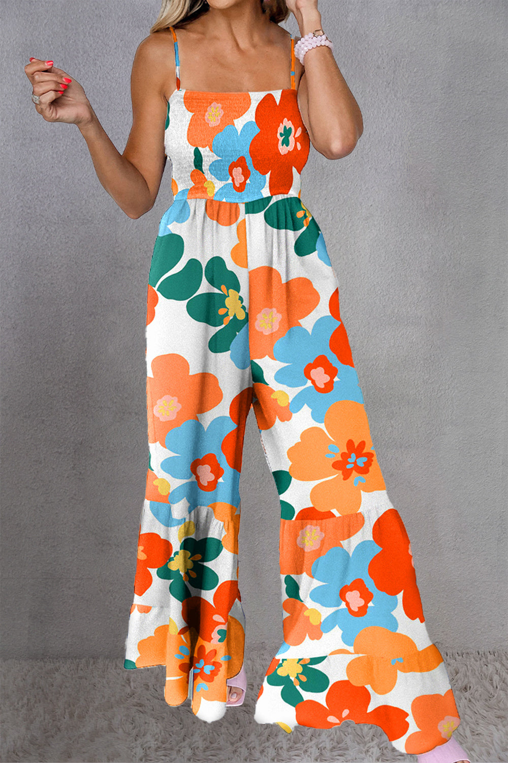 Printed Smocked Spaghetti Strap Jumpsuit-TOPS / DRESSES-[Adult]-[Female]-Floral-S-2022 Online Blue Zone Planet