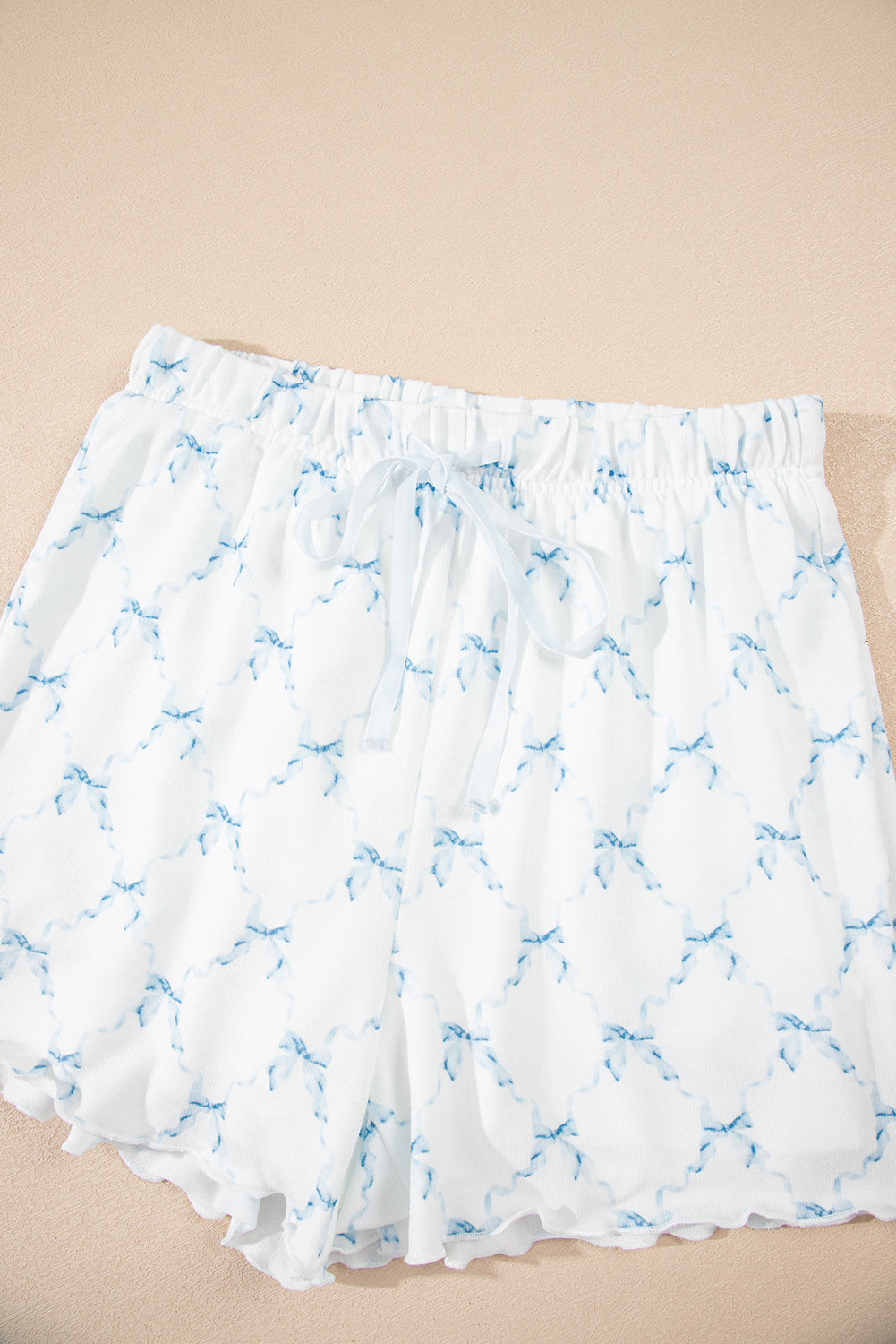 Sky Blue Bow Knot Geometric Print Lettuce Trim Two Piece Lounge Set-Loungewear & Sleepwear/Loungewear-[Adult]-[Female]-2022 Online Blue Zone Planet