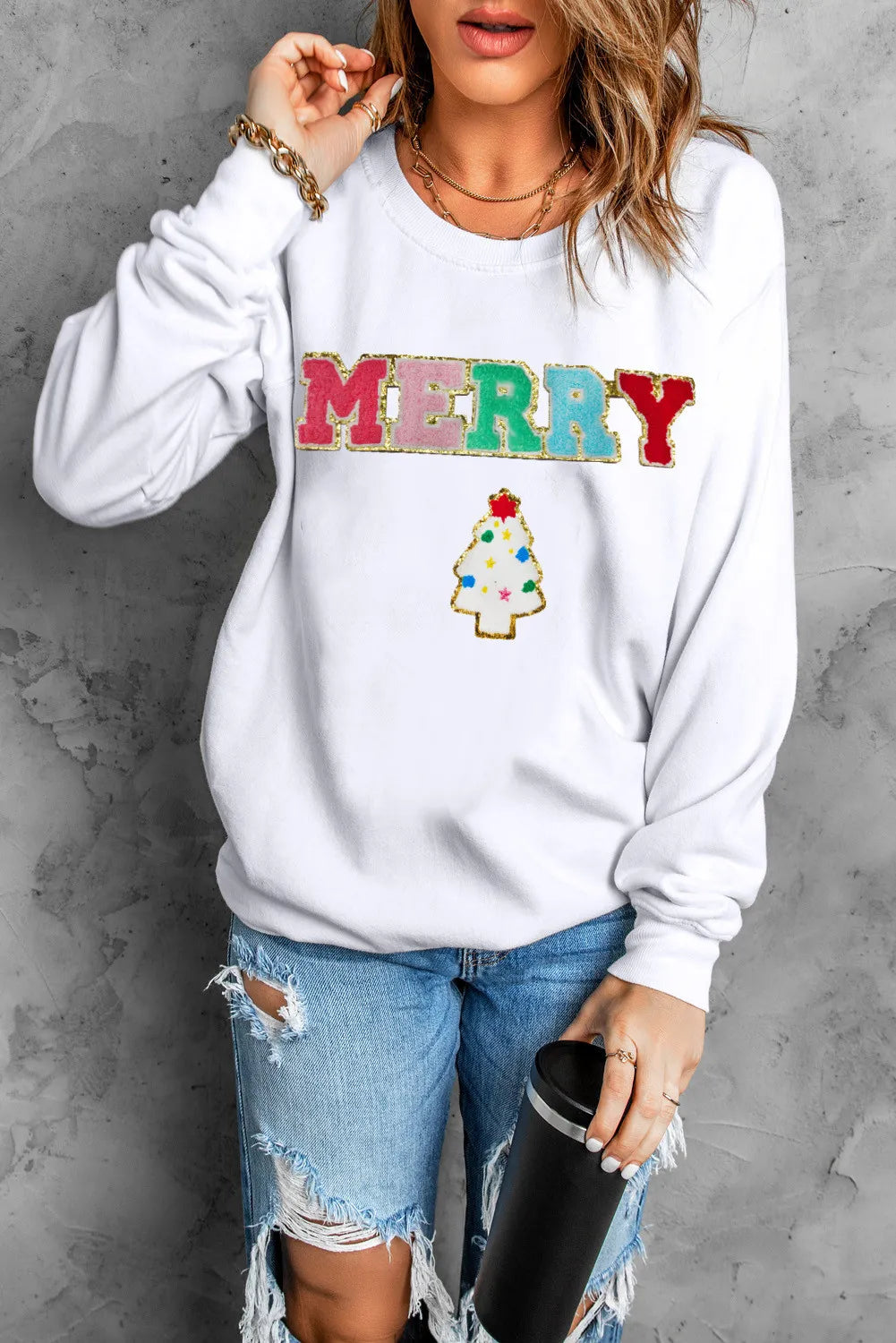 MERRY Round Neck Long Sleeve Sweatshirt-TOPS / DRESSES-[Adult]-[Female]-2022 Online Blue Zone Planet