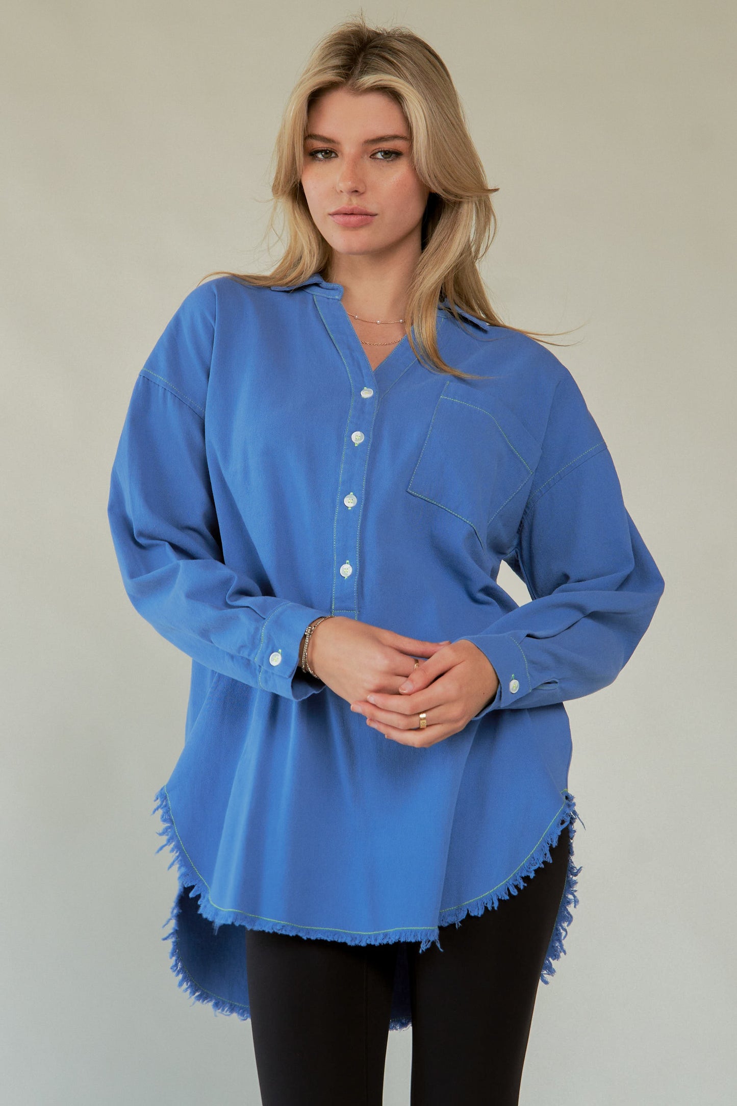 Davi & Dani Letter Back Raw Hem Half Button Shirt-TOPS / DRESSES-[Adult]-[Female]-2022 Online Blue Zone Planet