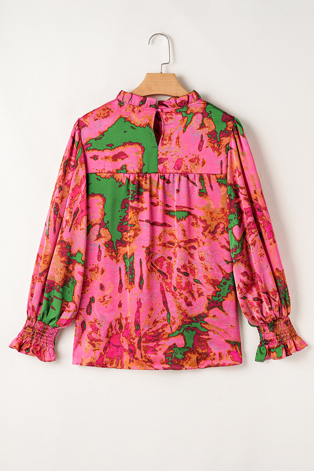 Blue Zone Planet | Rose Abstract Print Frilly Neckline Puff Sleeve Blouse-Tops/Blouses & Shirts-[Adult]-[Female]-2022 Online Blue Zone Planet