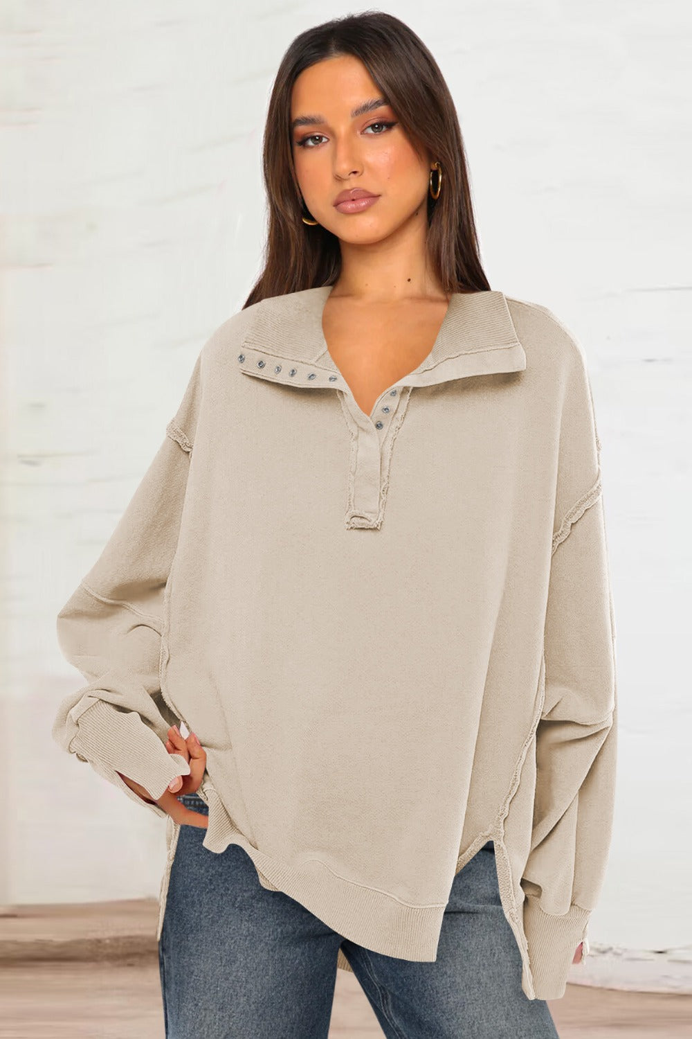 Exposed Seam Side Slit Long Sleeve Sweatshirt-TOPS / DRESSES-[Adult]-[Female]-Cream-S-2022 Online Blue Zone Planet