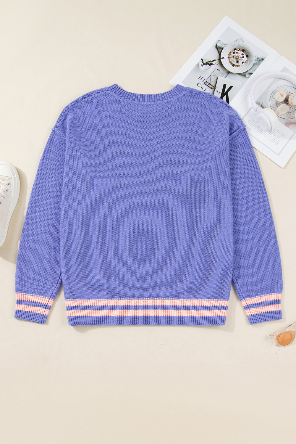 Wisteria Plus Size Striped Trim Drop Shoulder Knit Loose Sweater-TOPS / DRESSES-[Adult]-[Female]-2022 Online Blue Zone Planet