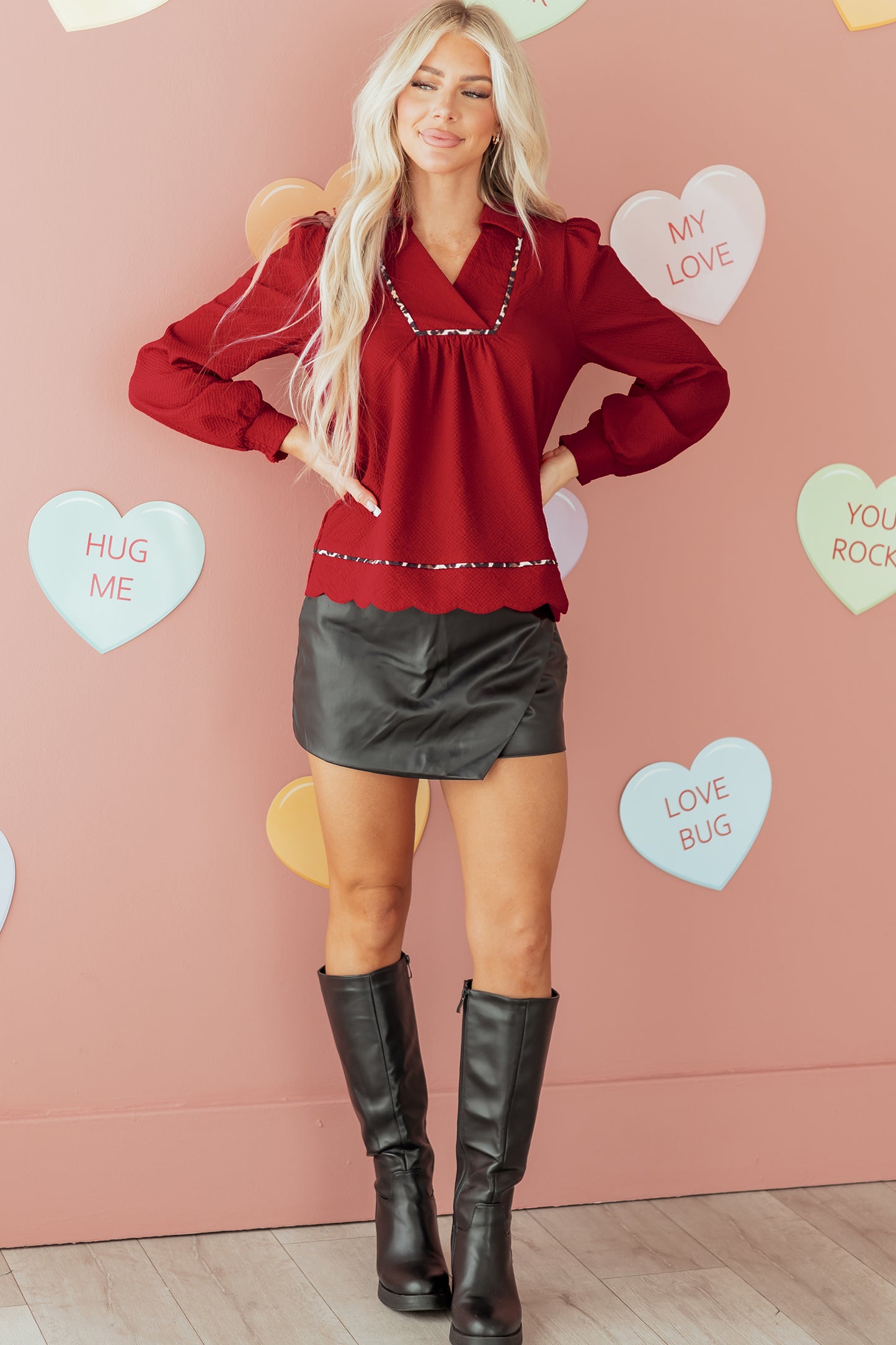 Fiery Red Collar V Neck Leopard Contrasted Trim Textured Blouse-Tops/Blouses & Shirts-[Adult]-[Female]-2022 Online Blue Zone Planet