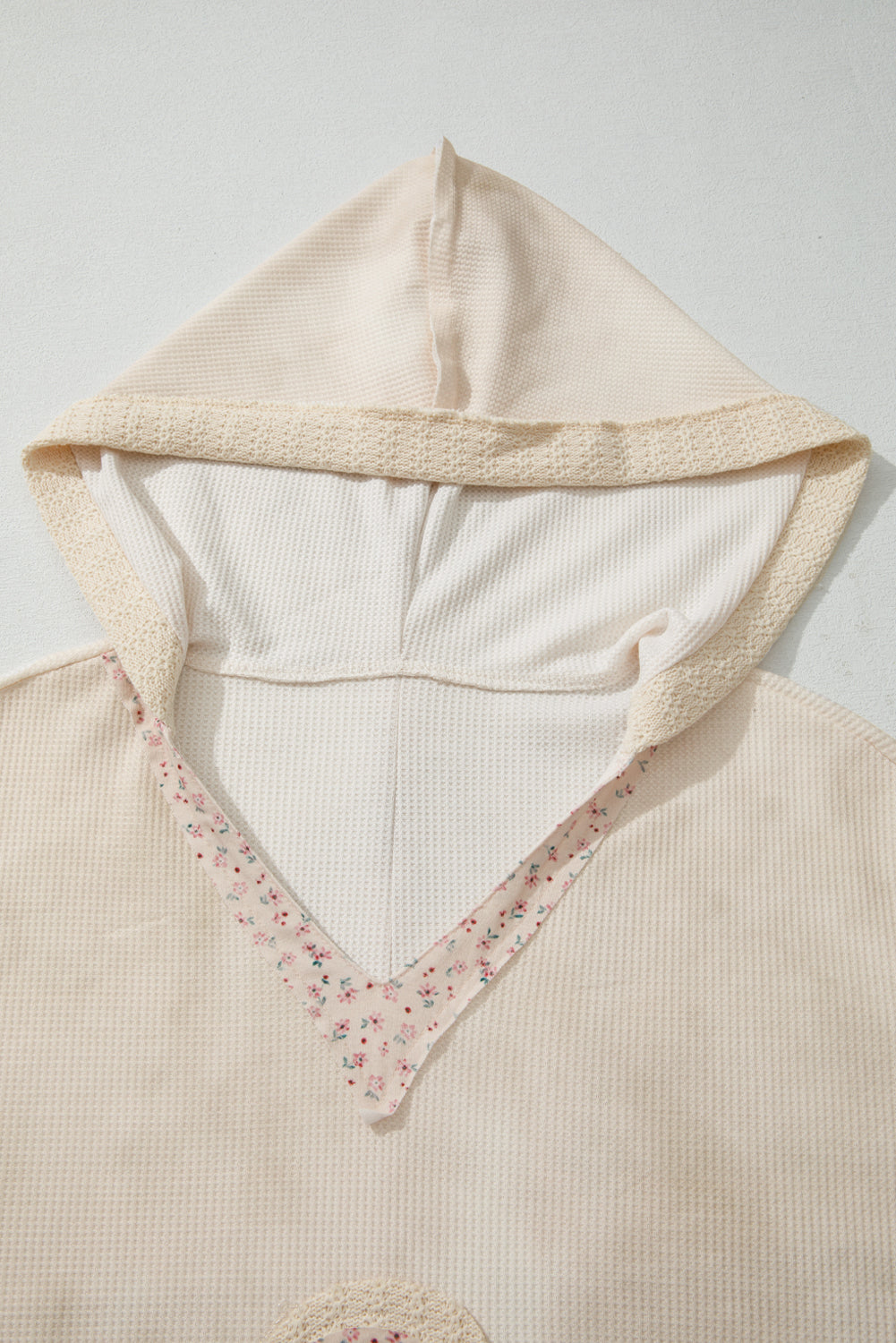 Pink Floral Patched Waffle Textured Colorblock V Neck Casual Hooded Top-Tops / Dresses-[Adult]-[Female]-2022 Online Blue Zone Planet