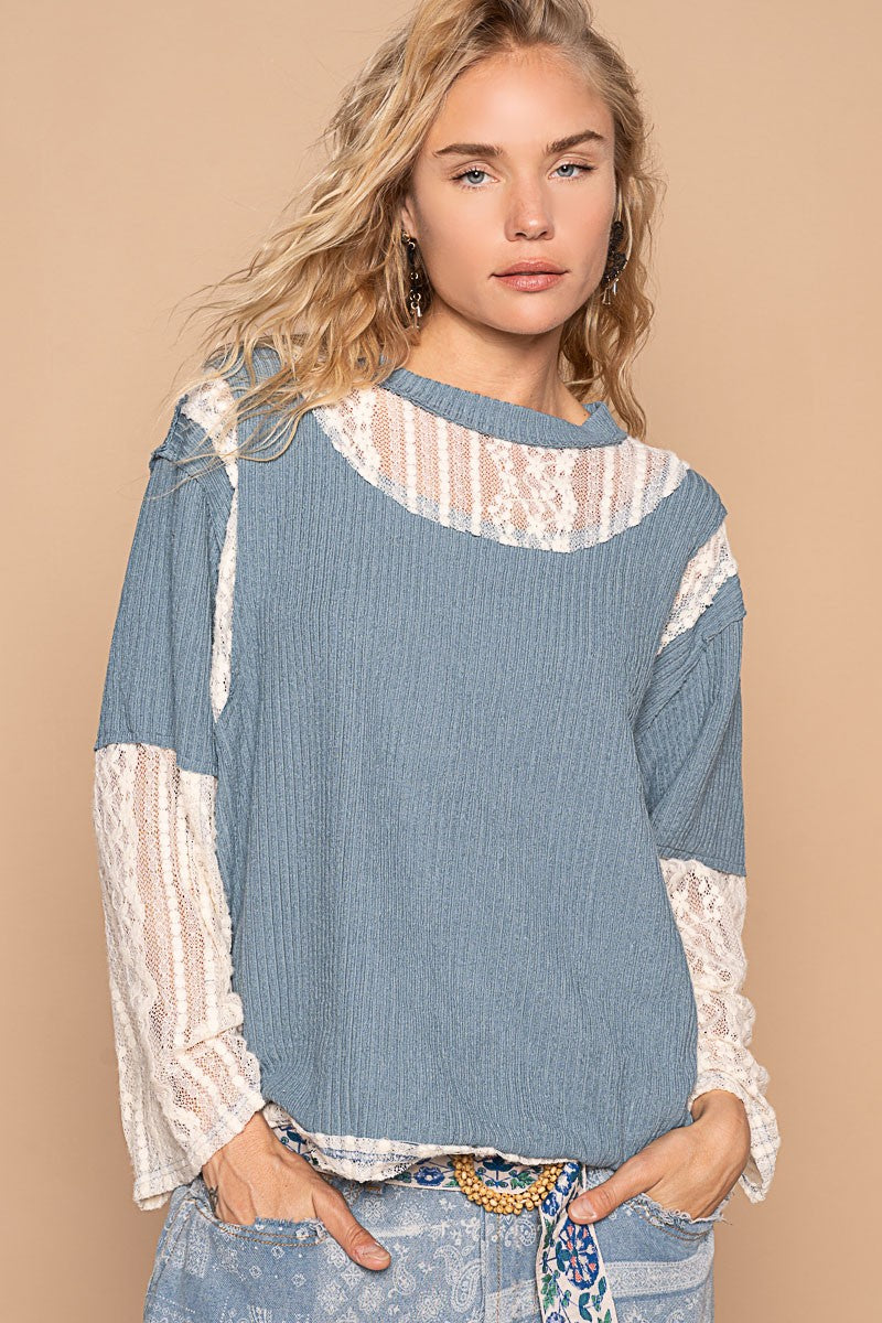 Blue Zone Planet | POL Lace Panel Round Neck Long Sleeve Top-TOPS / DRESSES-[Adult]-[Female]-Cornflower Blue-S-2022 Online Blue Zone Planet