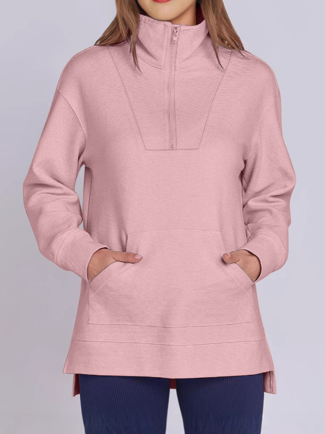 Blue Zone Planet | ฺHigh-Low Quarter Zip Long Sleeve Sweatshirt-TOPS / DRESSES-[Adult]-[Female]-2022 Online Blue Zone Planet