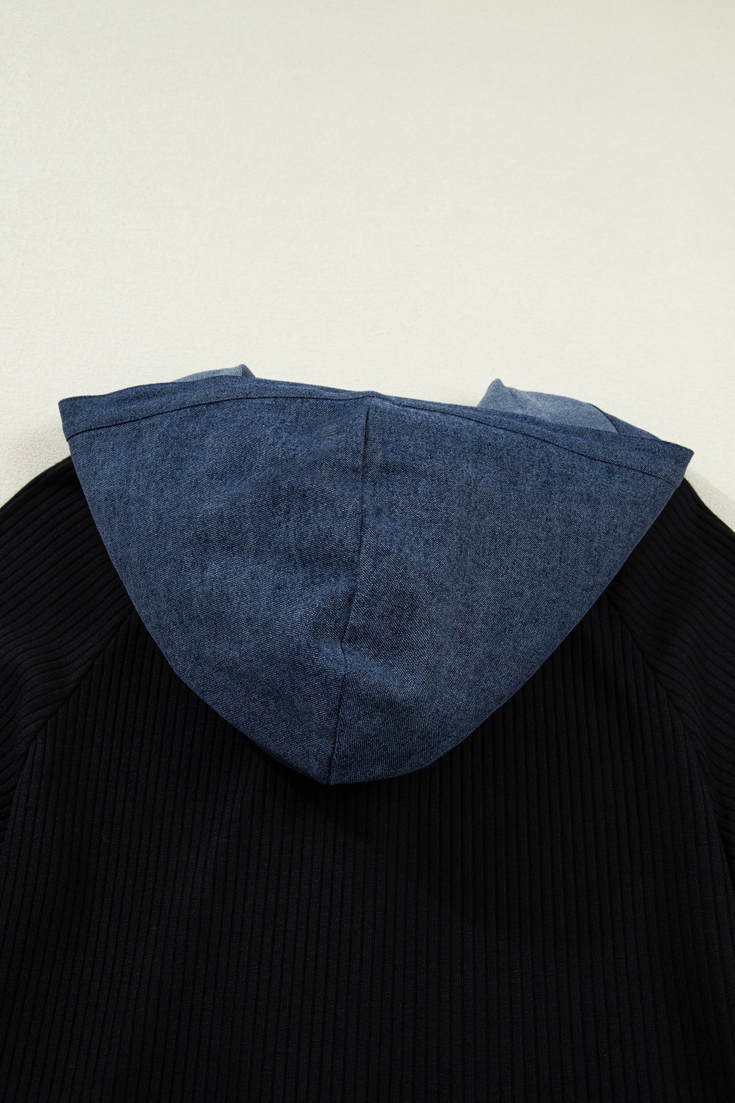 Black Ribbed Knit Contrast Denim Patchwork Hooded Long Sleeve Top