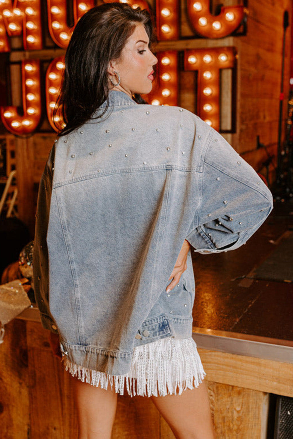 Blue Zone Planet | Dusk Blue Rhinestone Embellished Flap Pocket Denim Jacket-Outerwear/Denim jackets-[Adult]-[Female]-2022 Online Blue Zone Planet