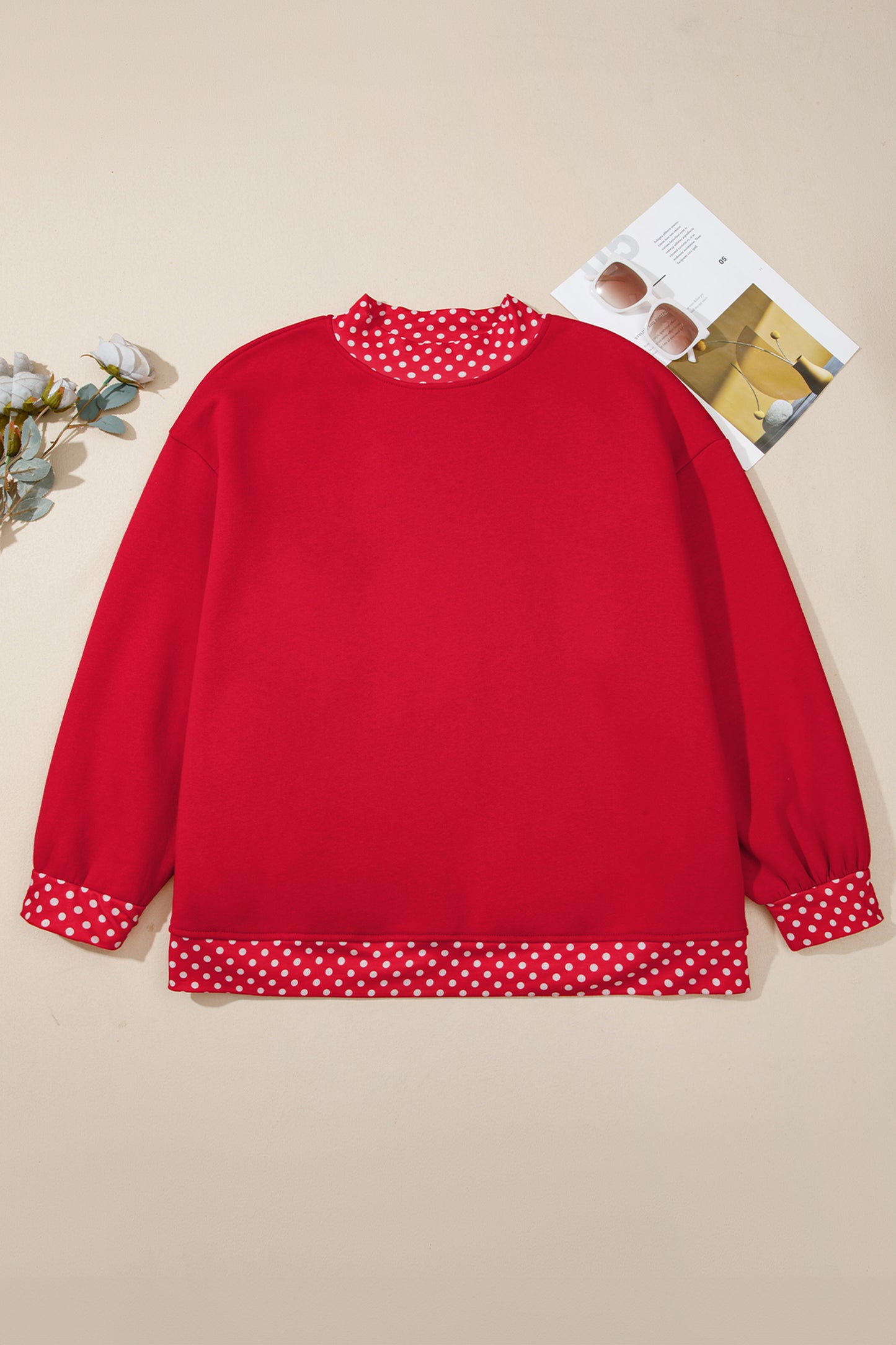 Orange Polka Dot Patchwork Round Neck Plus Size Sweatshirt-Plus Size/Plus Size Sweatshirts & Hoodies-[Adult]-[Female]-2022 Online Blue Zone Planet