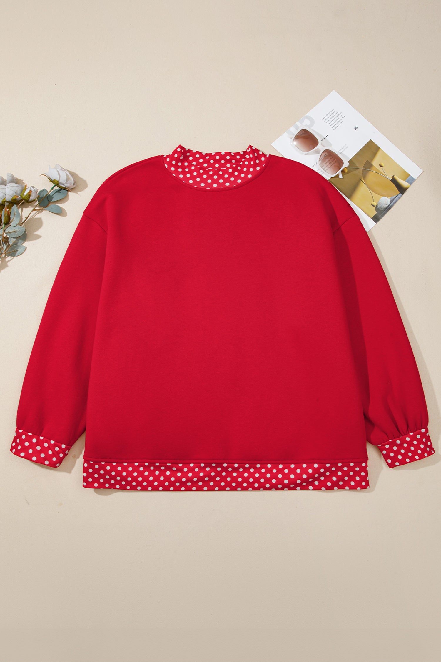 Orange Polka Dot Patchwork Round Neck Plus Size Sweatshirt-Plus Size/Plus Size Sweatshirts & Hoodies-[Adult]-[Female]-2022 Online Blue Zone Planet