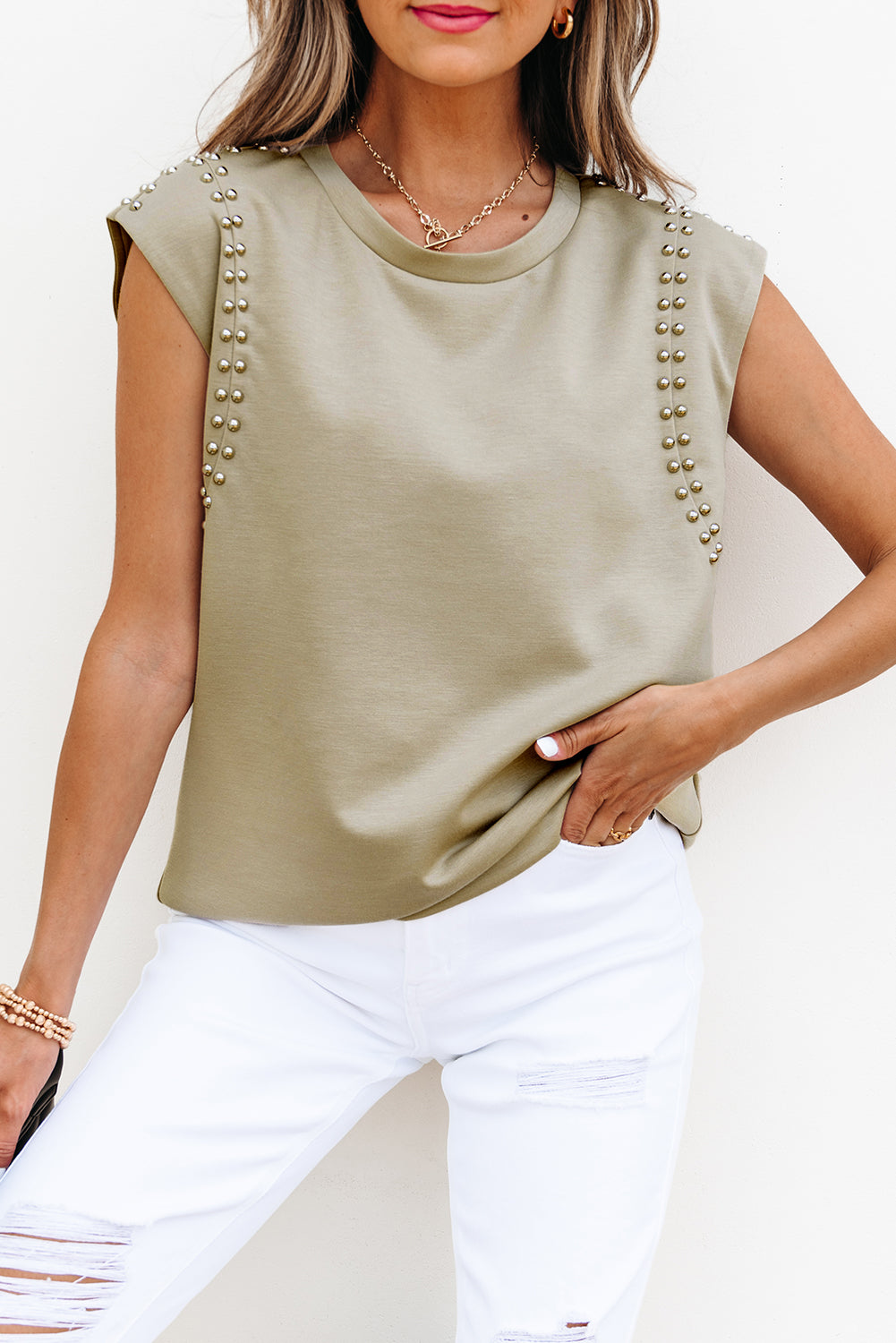 Sage Green Studded Cap Sleeve Round Neck T Shirt-Tops/Tops & Tees-[Adult]-[Female]-2022 Online Blue Zone Planet