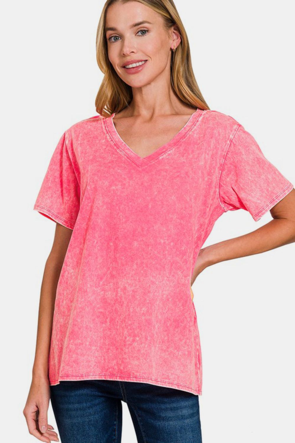 Zenana Full Size Washed Short Sleeve V-Neck T-Shirt-TOPS / DRESSES-[Adult]-[Female]-Strawberry-S-2022 Online Blue Zone Planet