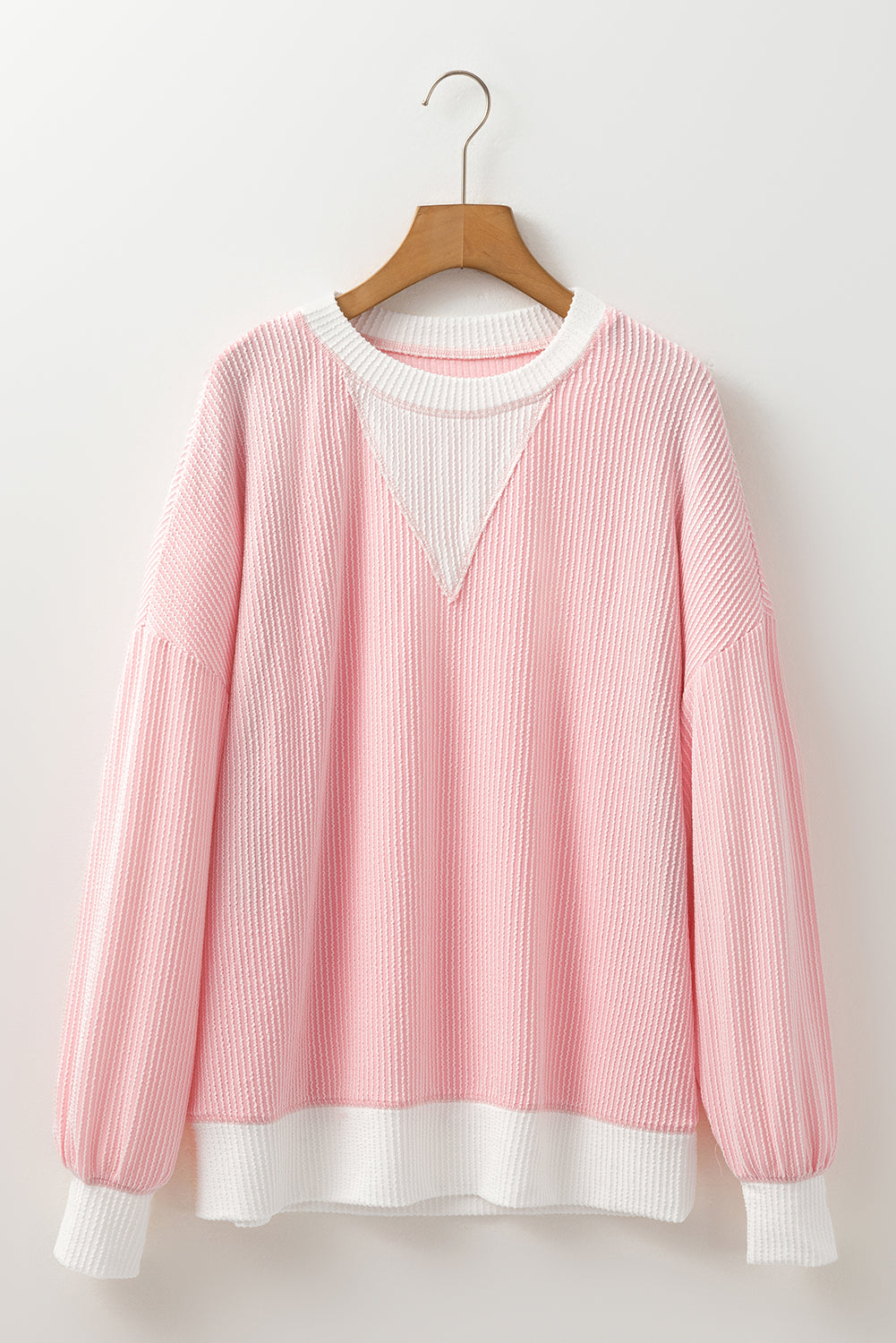 Blue Zone Planet | Peach Blossom Corded Colorblock Drop Shoulder Loose Top-Tops/Long Sleeve Tops-[Adult]-[Female]-2022 Online Blue Zone Planet