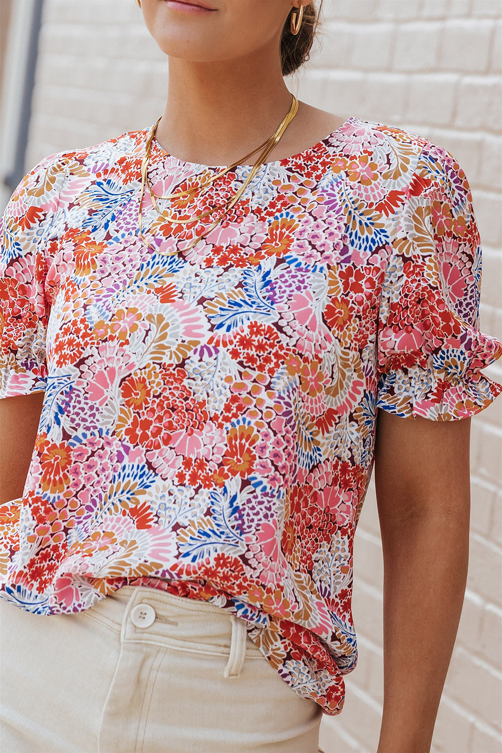 Multicolor Mix Floral Pattern Bubble Sleeve Blouse-Tops/Blouses & Shirts-[Adult]-[Female]-2022 Online Blue Zone Planet