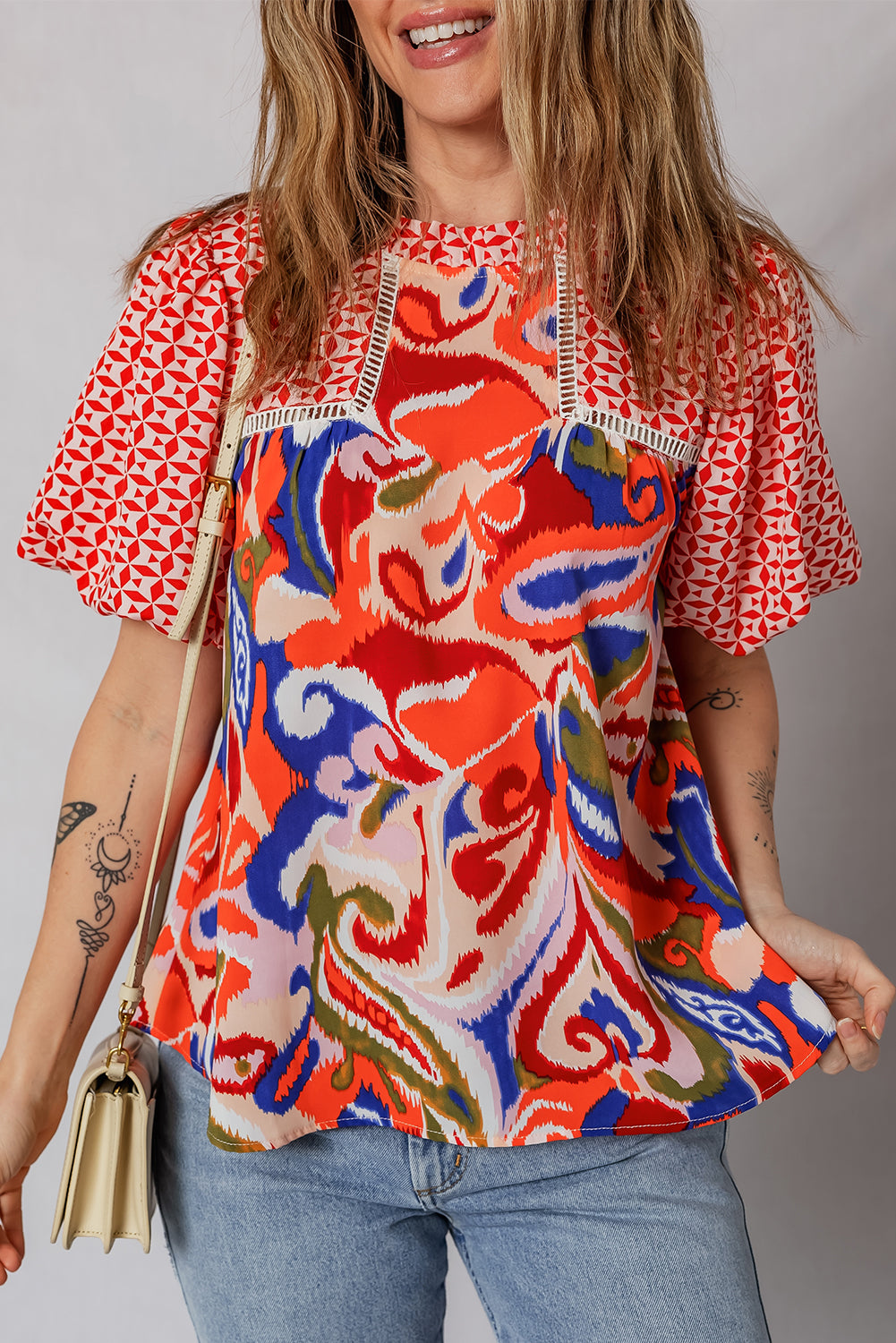 Red Paisley Geometric Mixed Print Patchwork Puff Sleeve Blouse Top-Tops/Blouses & Shirts-[Adult]-[Female]-Red-S-2022 Online Blue Zone Planet