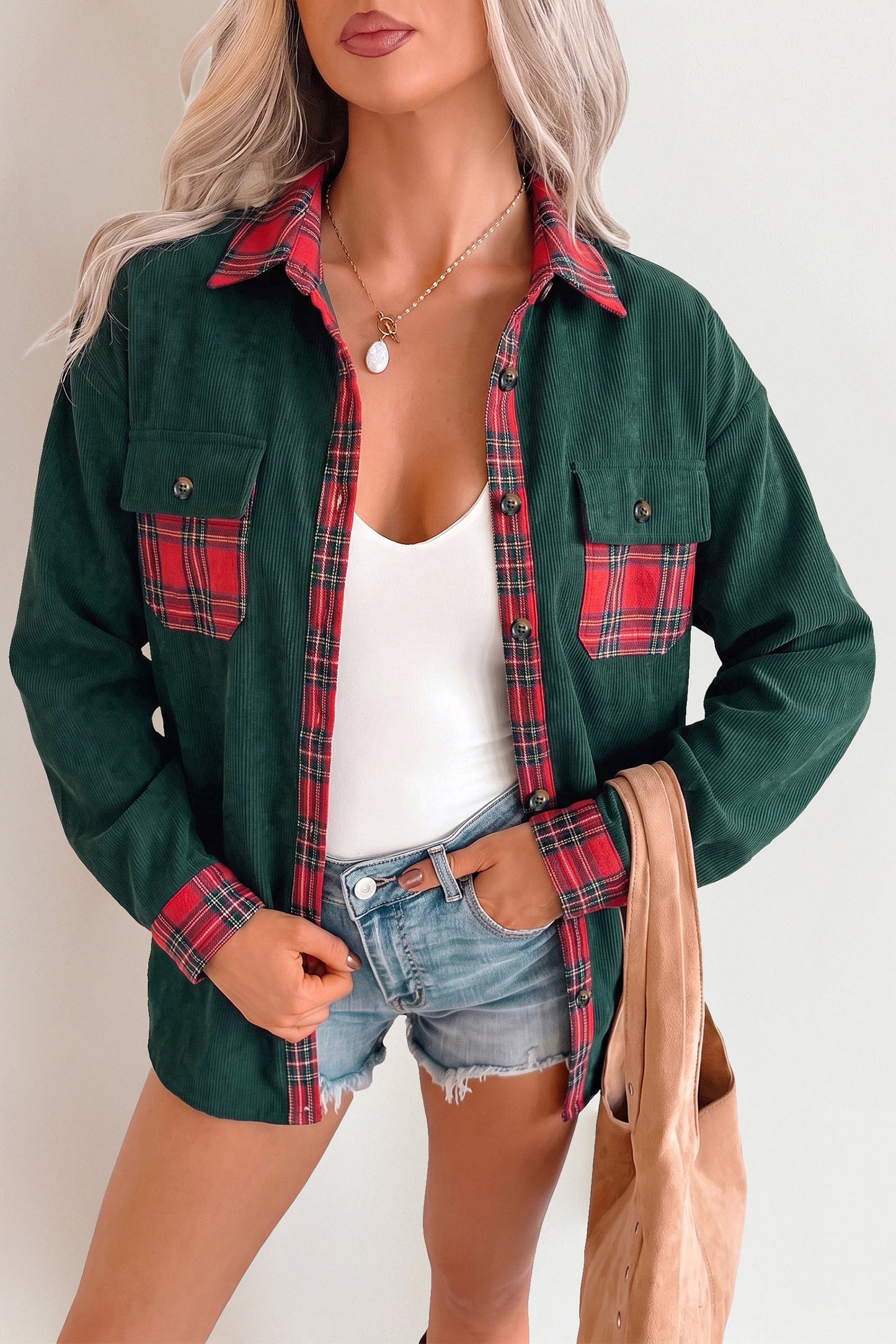 Blackish Green Plaid Pocket Button Long Sleeve Shift Shacket