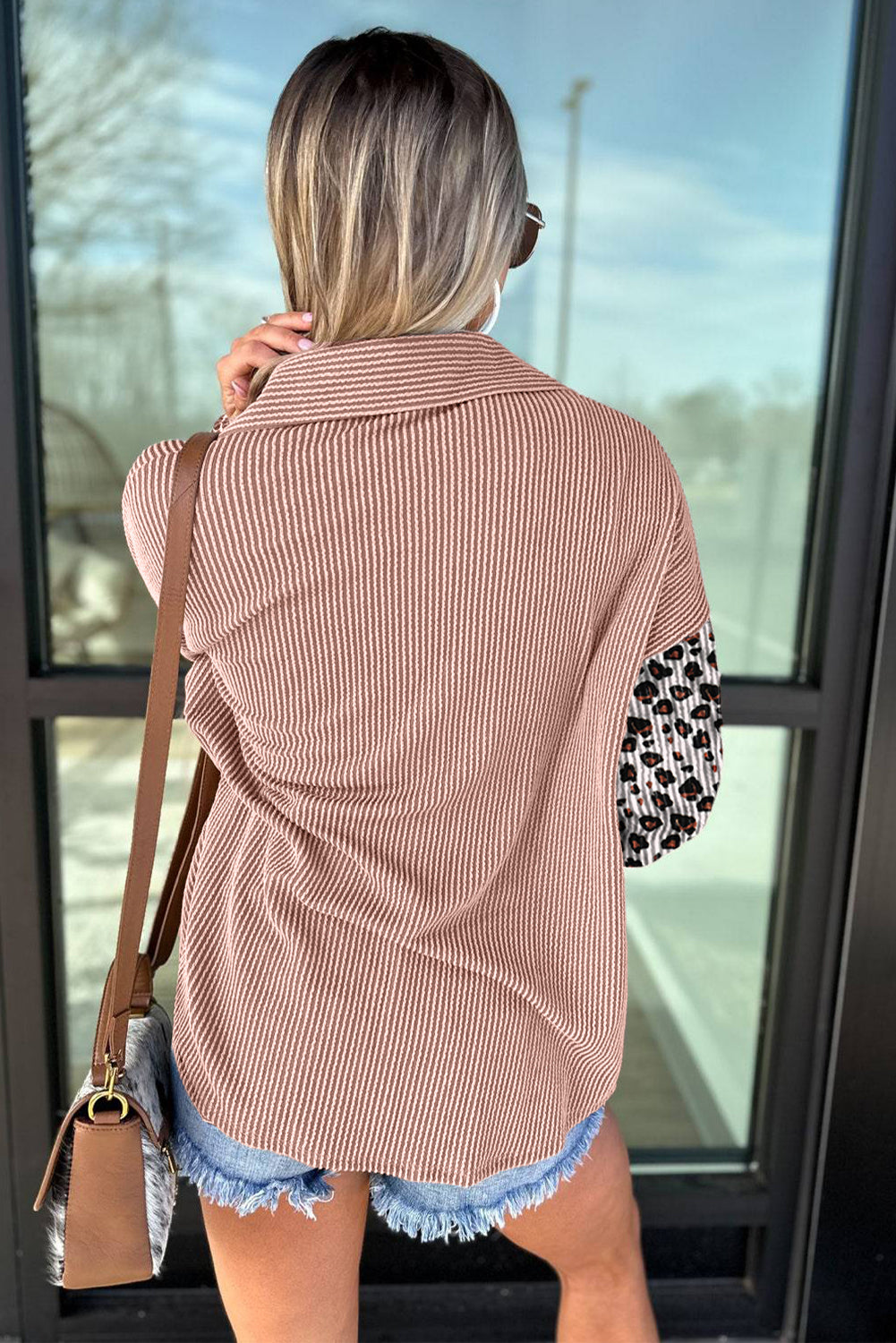 Dark Khaki Leopard Patched Twisted Ribbed Western Casual Shacket-Outerwear/Jackets-[Adult]-[Female]-2022 Online Blue Zone Planet