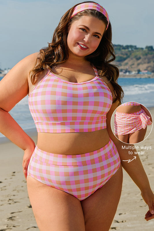 Pink Plus Size Plaid Print High Waist Bikini Set-Plus Size/Plus Size Swimwear-[Adult]-[Female]-Pink-1X-2022 Online Blue Zone Planet