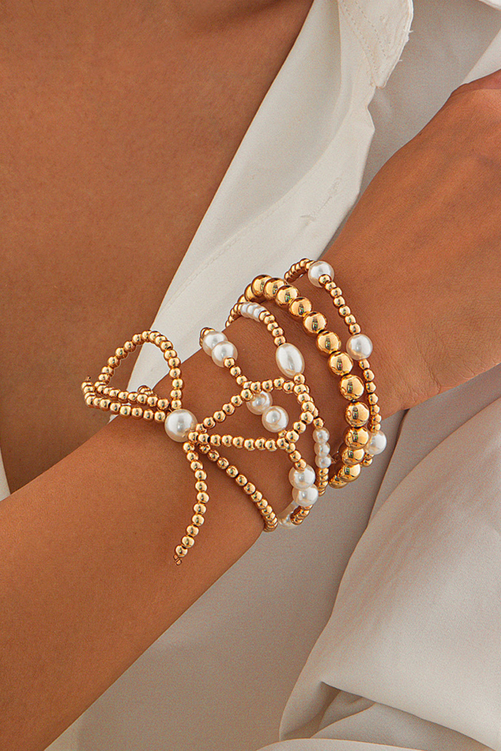 Gold Bow Knot Pearl Beaded Multi Layered Bracelet Set-Accessories/Jewelry-[Adult]-[Female]-2022 Online Blue Zone Planet