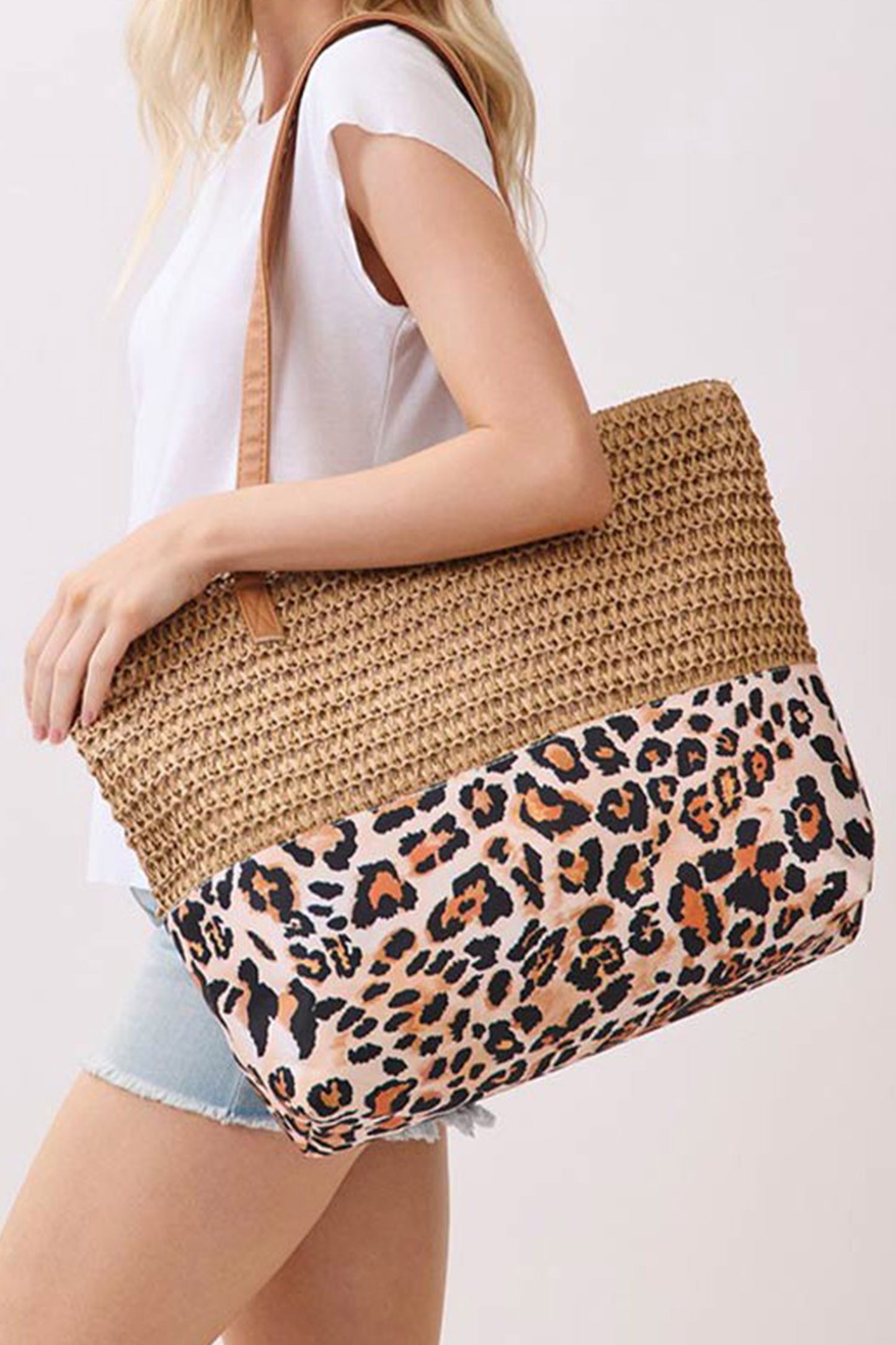 Beige Straw Woven Leopard Patchwork Large Tote Bag