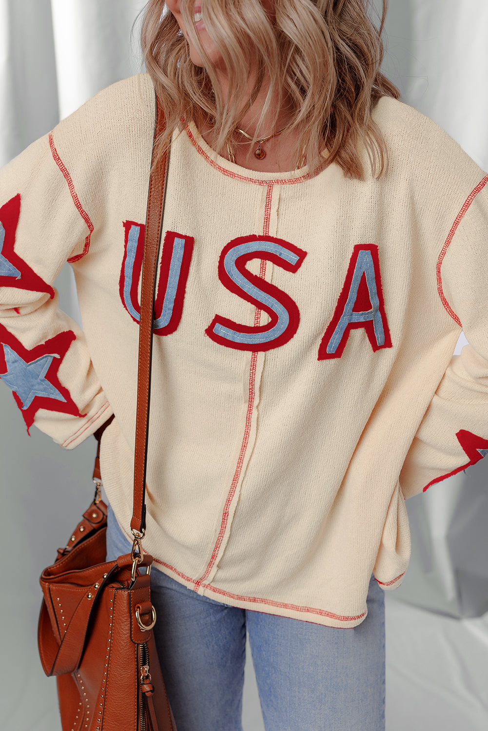 Beige USA Star Contrast Patchwork Exposed Seam Long Sleeve Top-Tops/Long Sleeve Tops-[Adult]-[Female]-2022 Online Blue Zone Planet