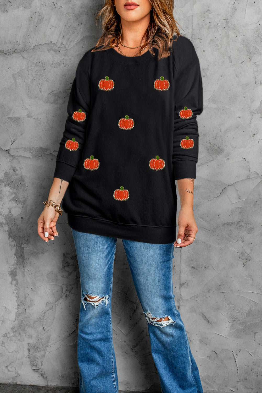 Pumpkin Round Neck Long Sleeve Sweatshirt-TOPS / DRESSES-[Adult]-[Female]-2022 Online Blue Zone Planet