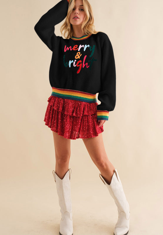 MERRY & BRIGHT Ribbed Round Neck Sweater-TOPS / DRESSES-[Adult]-[Female]-2022 Online Blue Zone Planet