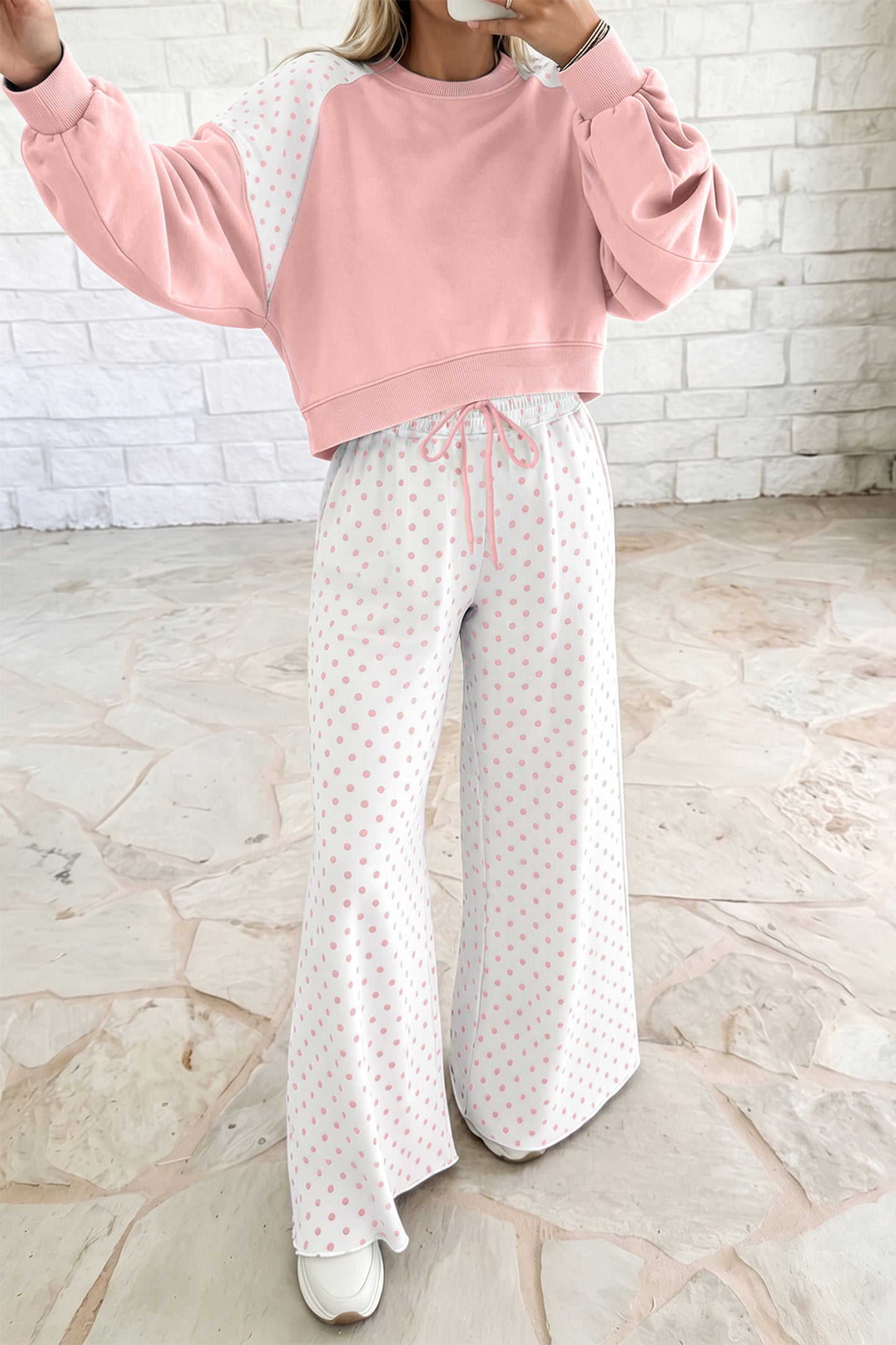 Khaki Polka Dot Patchwork Colorblock Long Sleeve Casual Two Piece Pants Set