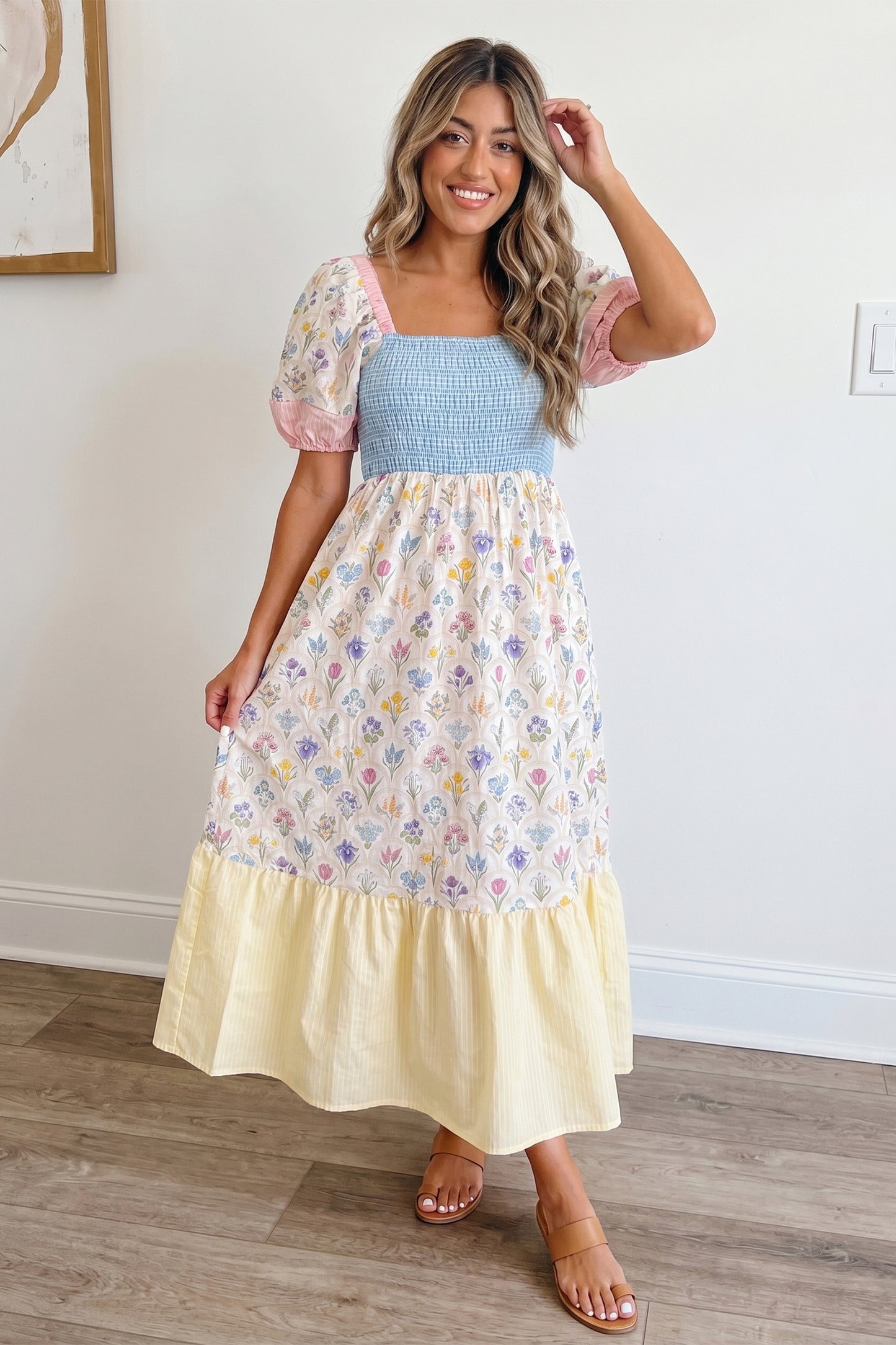 Multicolour Floral Print Striped Color Block Patchwork Square Neck Shirred Long Dress-TOPS / DRESSES-[Adult]-[Female]-2022 Online Blue Zone Planet