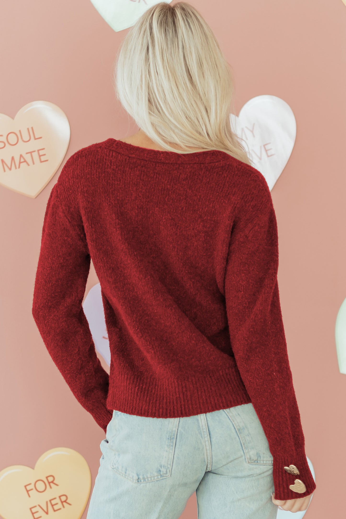 Fiery Red Heart Metal Button V Neck Cardigan Sweater-TOPS / DRESSES-[Adult]-[Female]-2022 Online Blue Zone Planet