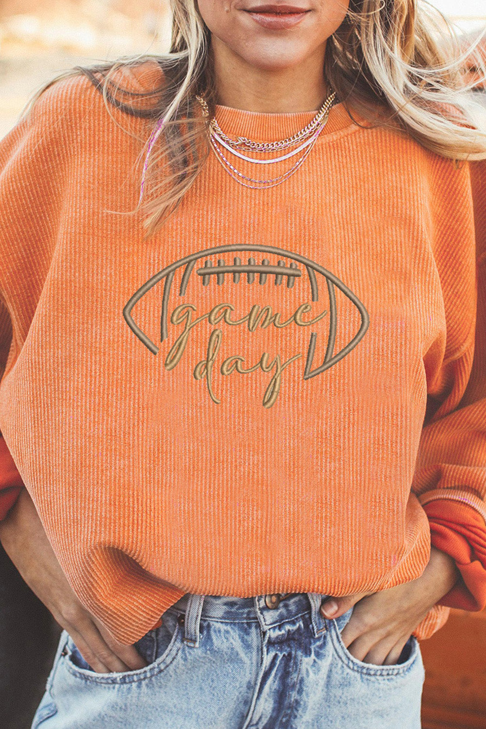 Orange Rugby Game Day Embroidered Corduroy Sweatshirt-Graphic/Graphic Sweatshirts-[Adult]-[Female]-Orange-3-S-2022 Online Blue Zone Planet