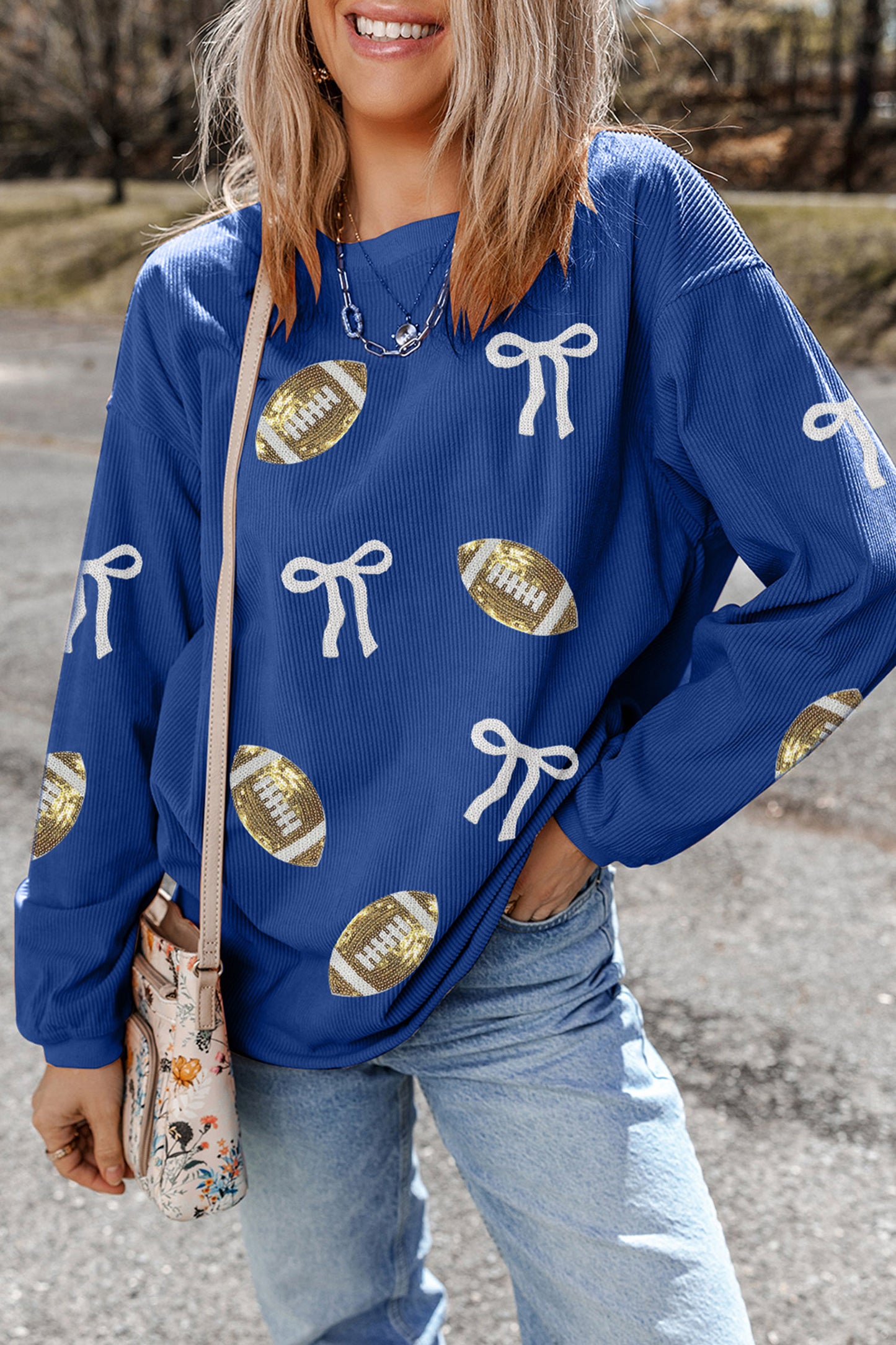 Dark Blue Corded Rib Sequin Rugby Bow Graphic Dropped Shoulder Sweatshirt-Graphic/Graphic Sweatshirts-[Adult]-[Female]-2022 Online Blue Zone Planet