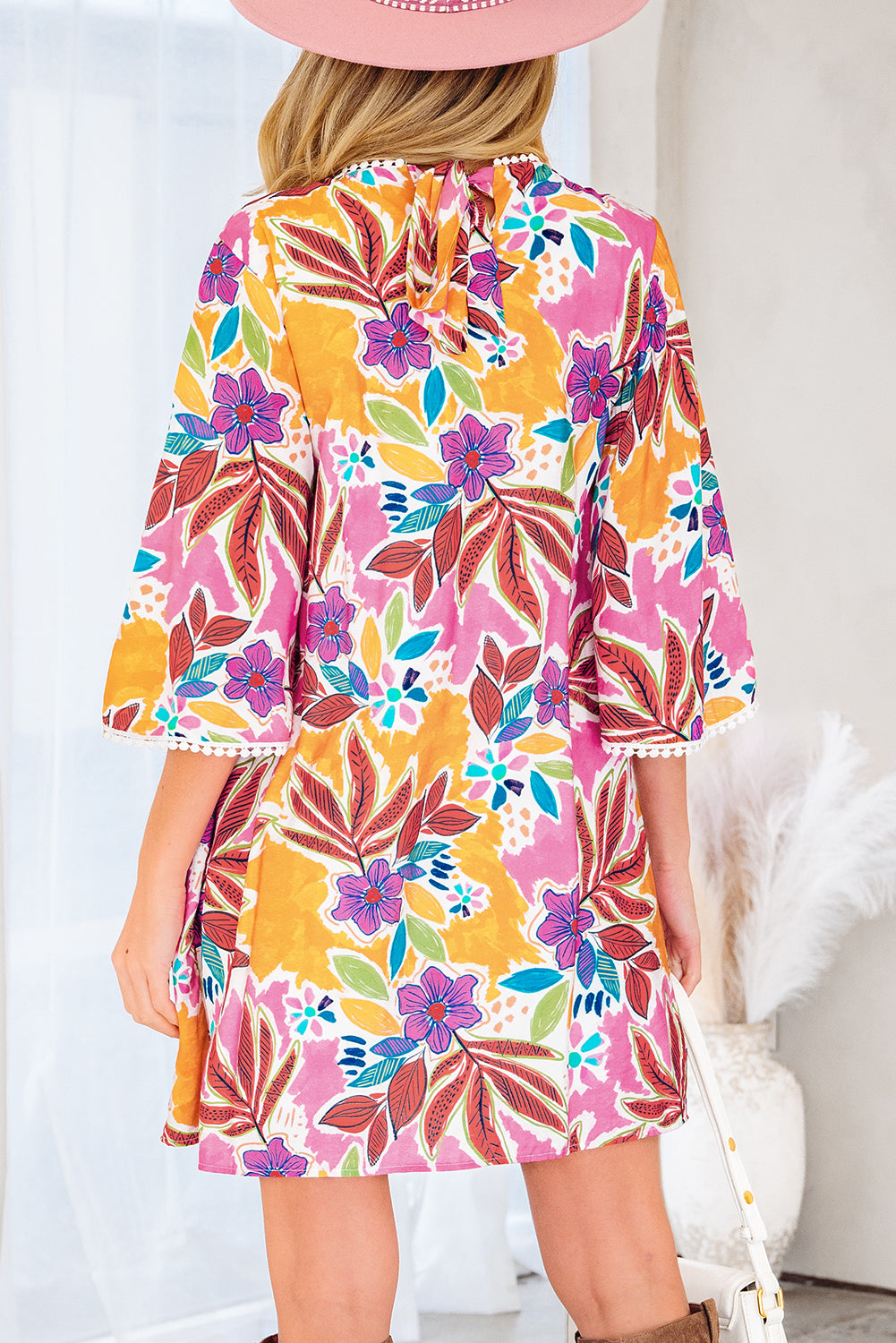 Pink Floral Print Lace Trimmed Tie Back Bell Sleeve Swing Mini Dress-TOPS / DRESSES-[Adult]-[Female]-2022 Online Blue Zone Planet