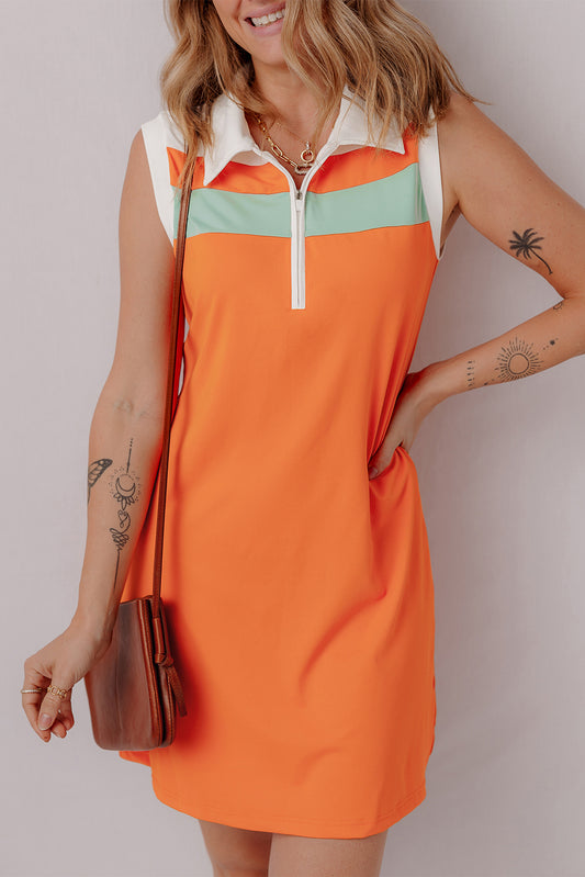 Russet Orange Colorblock Sleeveless Quarter Zip Collared Athletic Mini Dress-TOPS / DRESSES-[Adult]-[Female]-Russet Orange-S-2022 Online Blue Zone Planet