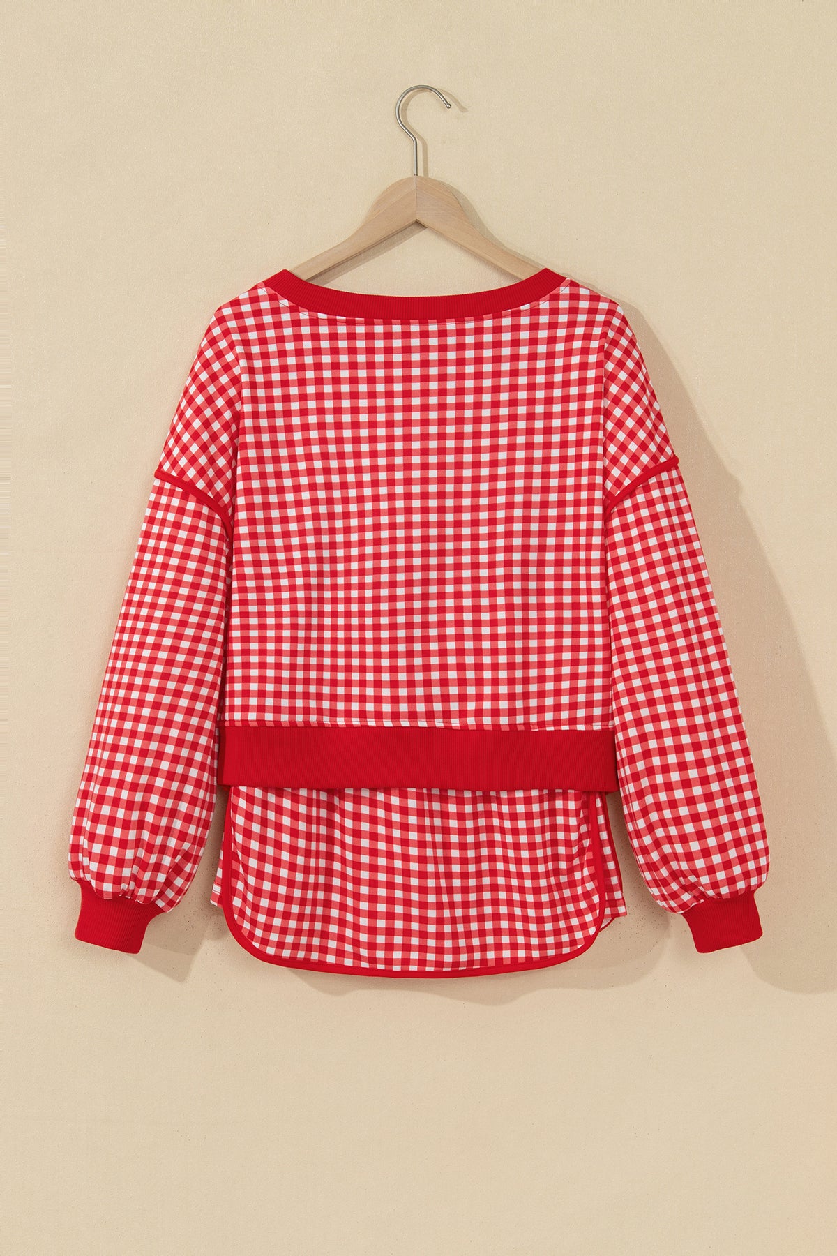 Red Gingham Oversized Ribbed Trim Crew Neck Long Sleeve Top and Skort Set-Two Piece Sets/Two Piece Dresses-[Adult]-[Female]-2022 Online Blue Zone Planet