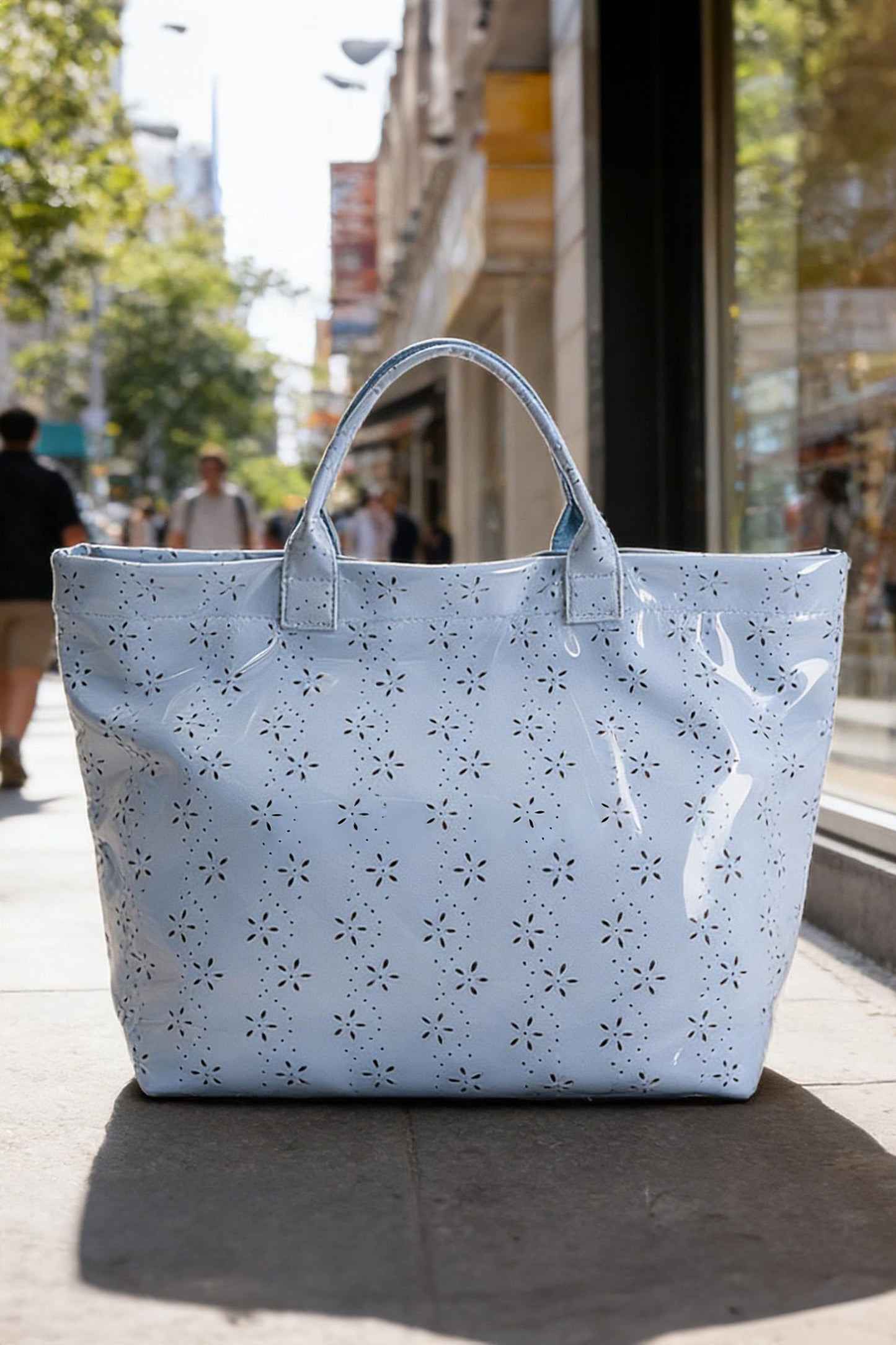 Beige Eyelet Flower Pattern PVC Glossy Waterproof Tote Bag