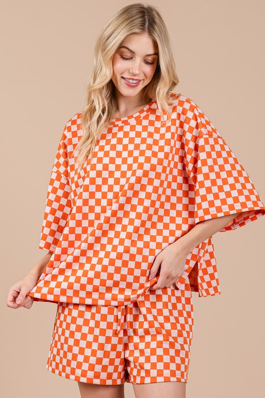 Ces Femme Checkered Round Neck Top and Shorts Set-TOPS / DRESSES-[Adult]-[Female]-2022 Online Blue Zone Planet