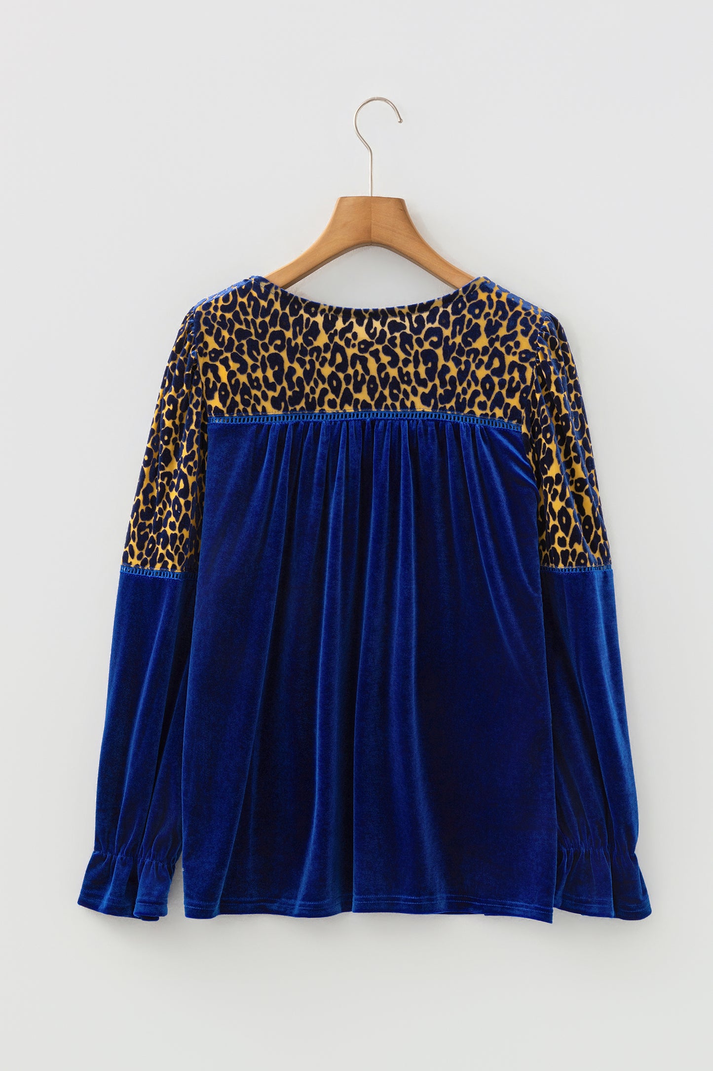 Sky Blue Leopard Patchwork Shoulder Flounce Sleeve Velvet Blouse-Tops/Blouses & Shirts-[Adult]-[Female]-2022 Online Blue Zone Planet