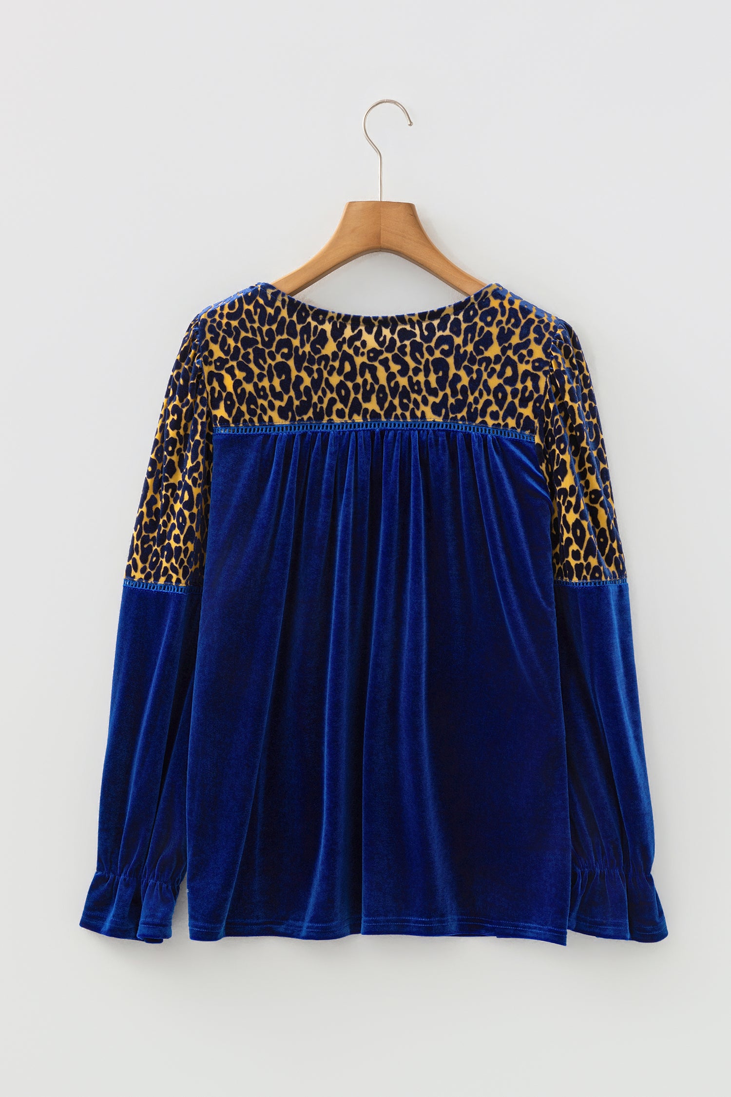 Sky Blue Leopard Patchwork Shoulder Flounce Sleeve Velvet Blouse-Tops/Blouses & Shirts-[Adult]-[Female]-2022 Online Blue Zone Planet