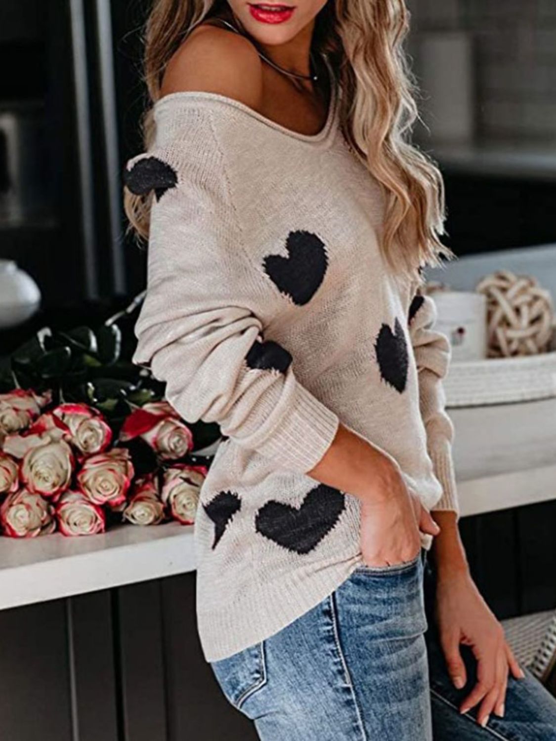 Heart Scoop Neck Long Sleeve Sweater-TOPS / DRESSES-[Adult]-[Female]-2022 Online Blue Zone Planet