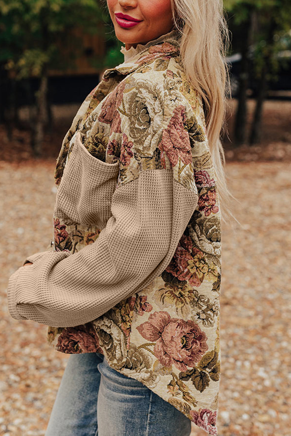 Khaki Floral Waffle Knit Patchwork Chest Pockets Buttoned Jacket-Outerwear/Jackets-[Adult]-[Female]-2022 Online Blue Zone Planet