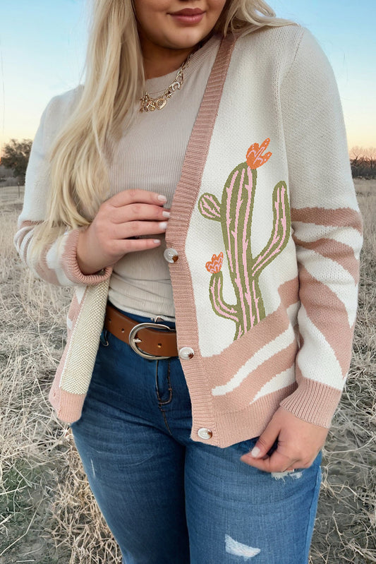 Apricot Western Desert Cactus Print Plus Size Button Cardigan Sweater-Plus Size/Plus Size Sweaters & Cardigans-[Adult]-[Female]-Apricot-1X-2022 Online Blue Zone Planet