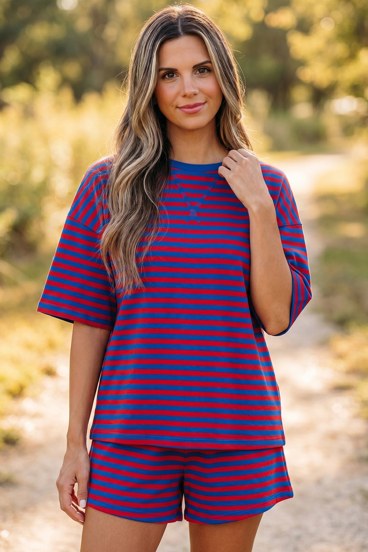 Green Stripe Striped Ribbed Cotton Two-Piece Pant Set with Chest Patch Detail-Two Piece Sets/Short Sets-[Adult]-[Female]-2022 Online Blue Zone Planet